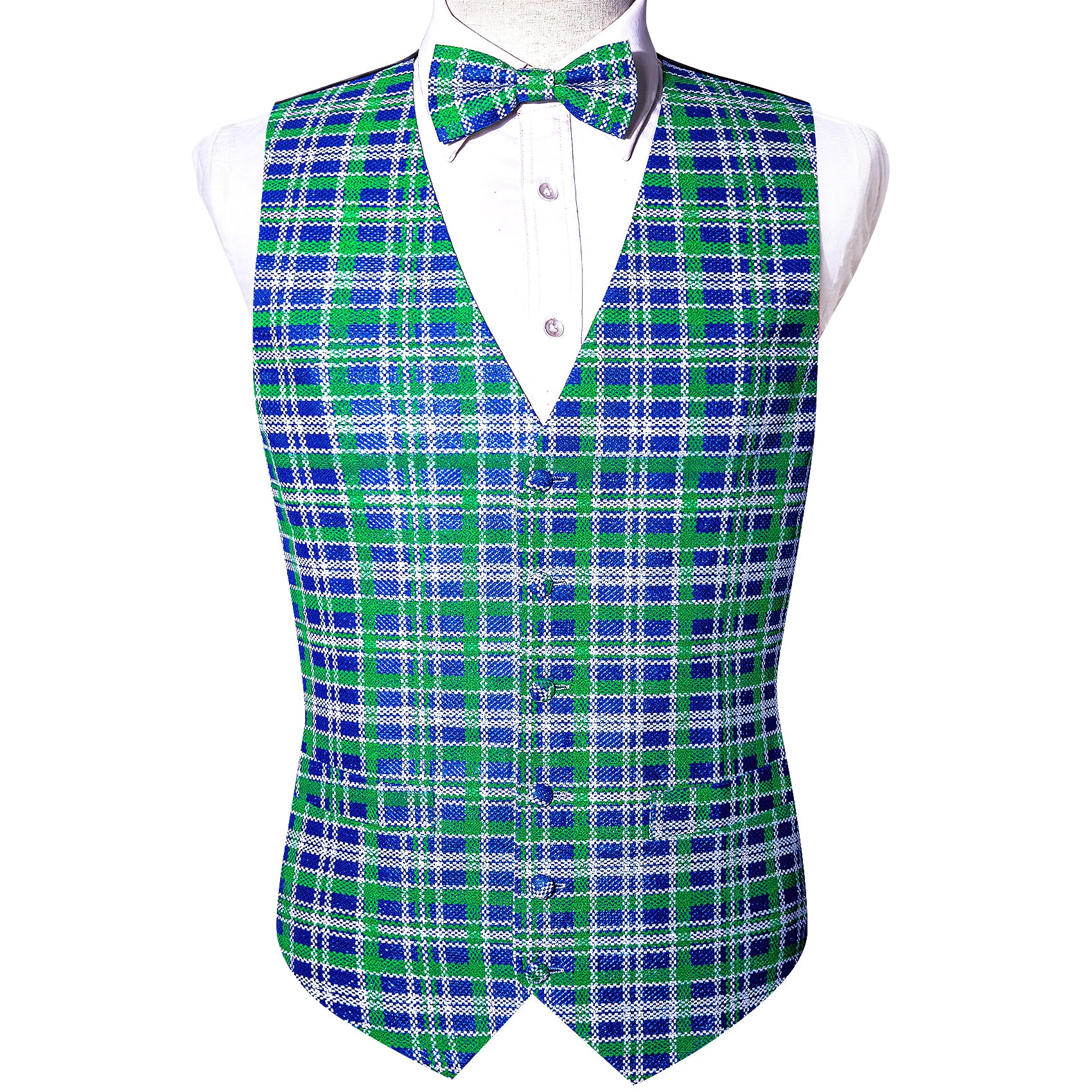 Christmas Men's Blue Green Plaid Silk Bowtie V-Neck Waistcoat Vest Set