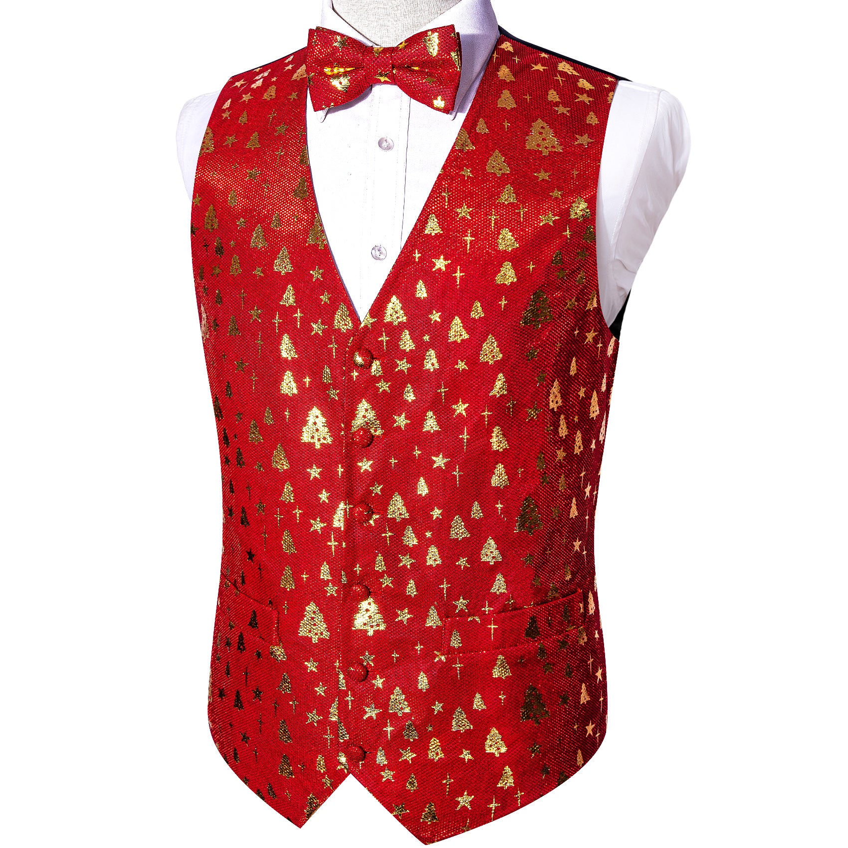 Men's Red Gold Christmas Tree Silk Bowtie V-Neck Waistcoat Vest Set