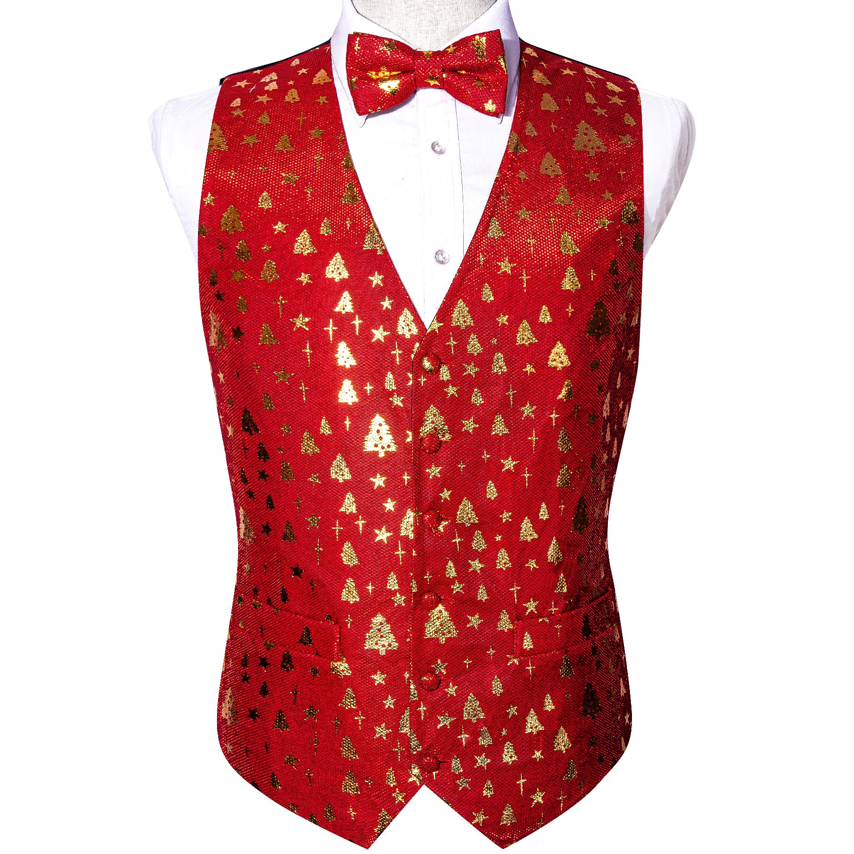 Men's Red Gold Christmas Tree Silk Bowtie V-Neck Waistcoat Vest Set
