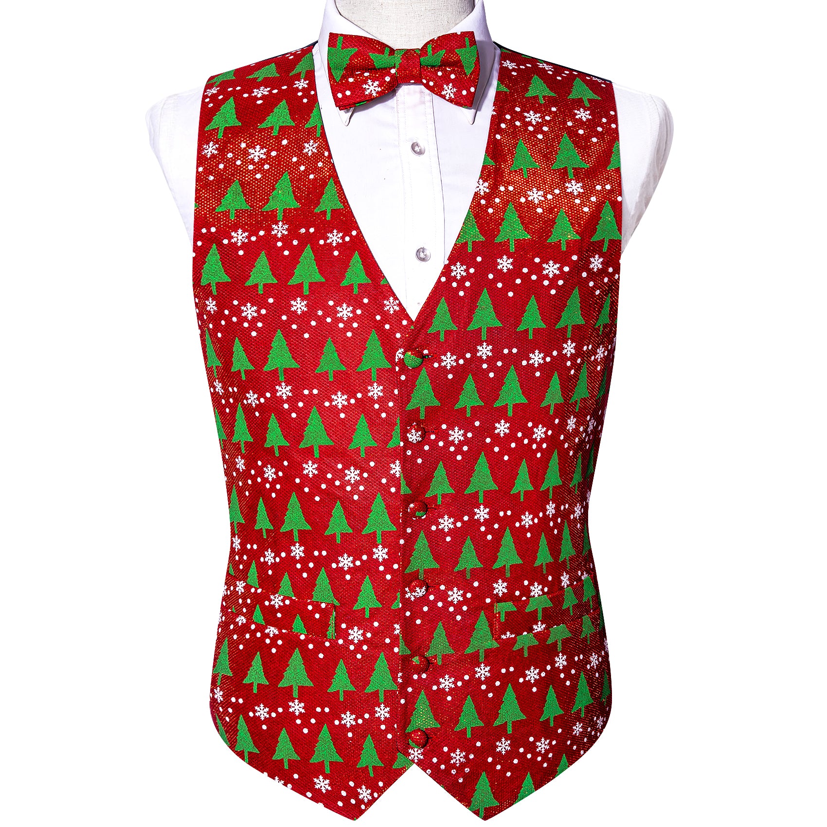 Shining Men's Red Green Christmas Tree Silk Bowtie V-Neck Waistcoat Vest Set