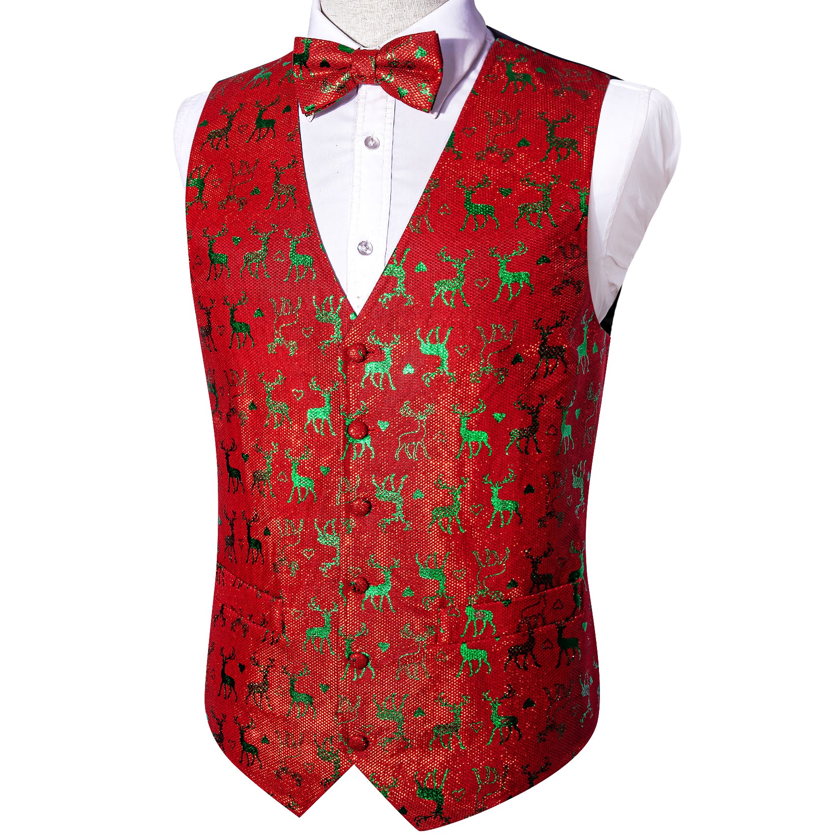 Christmas Men's Red Green Elk Silk Bowtie V-Neck Waistcoat Vest Set