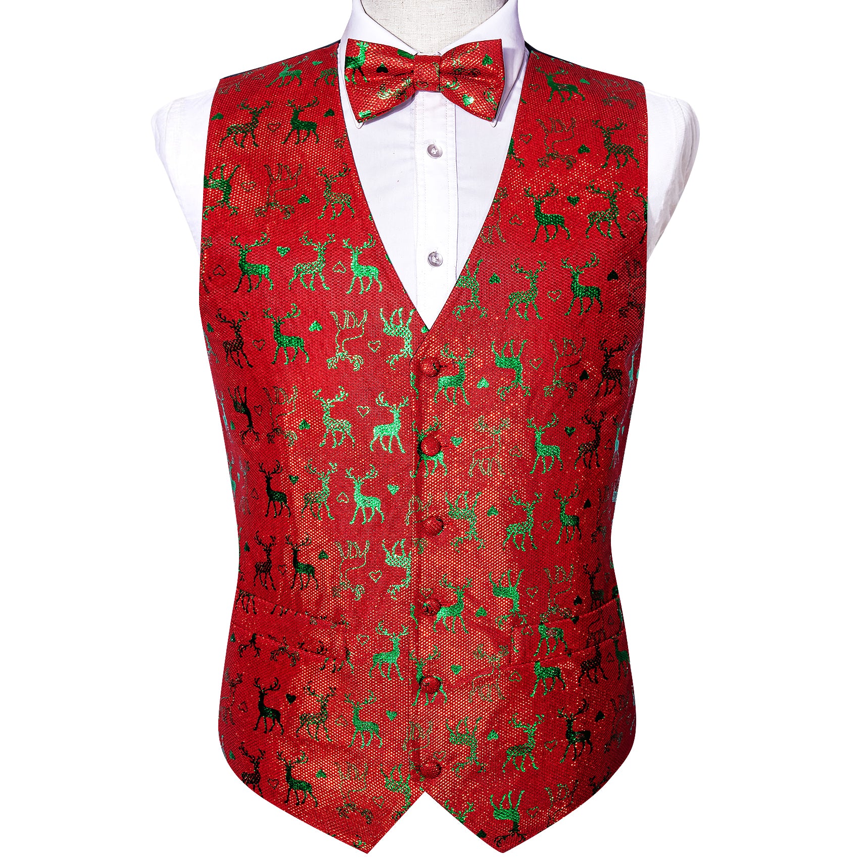 Christmas Men's Red Green Elk Silk Bowtie V-Neck Waistcoat Vest Set