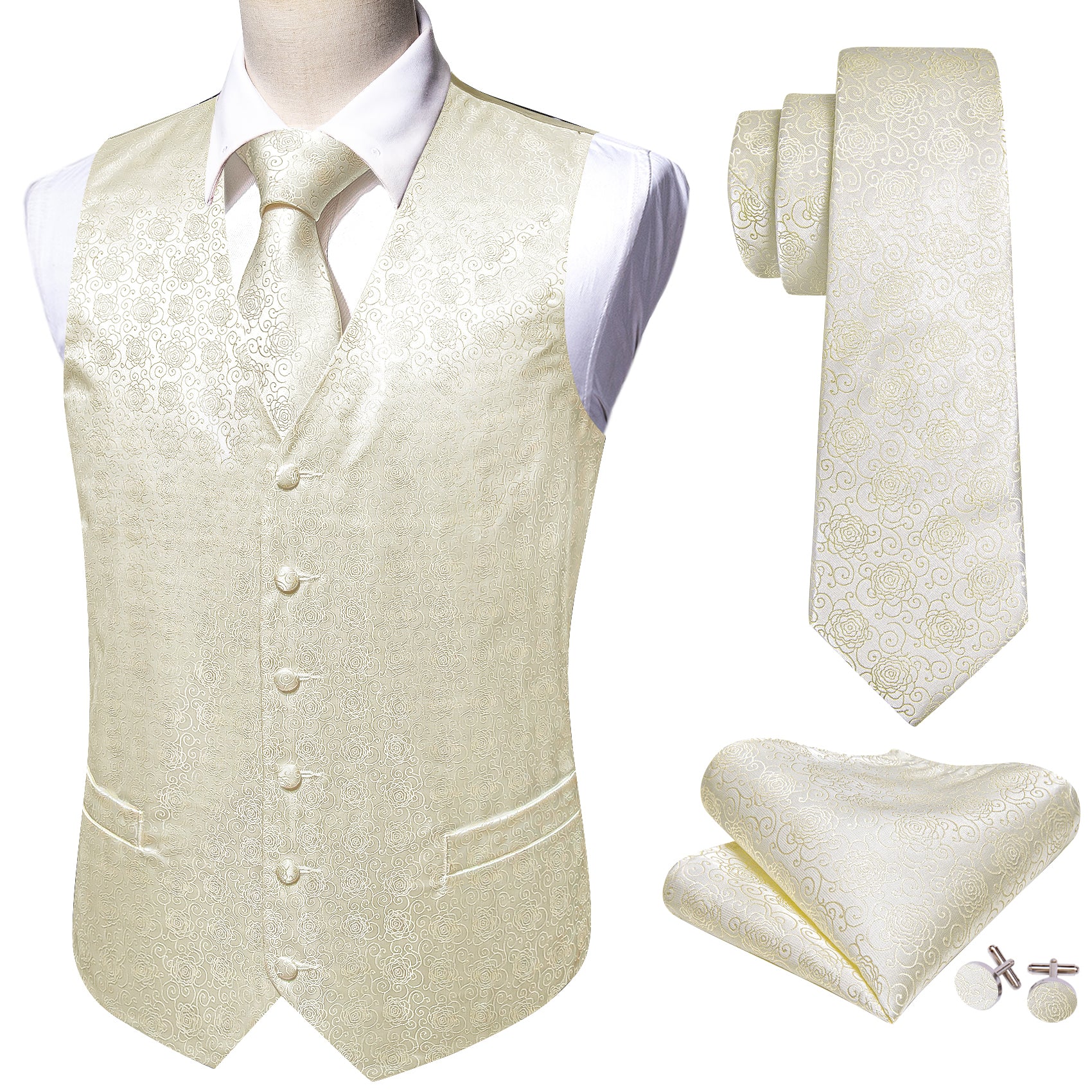 Cream Color Paisley Silk Vest Tie Pocket Square Cufflinks Set