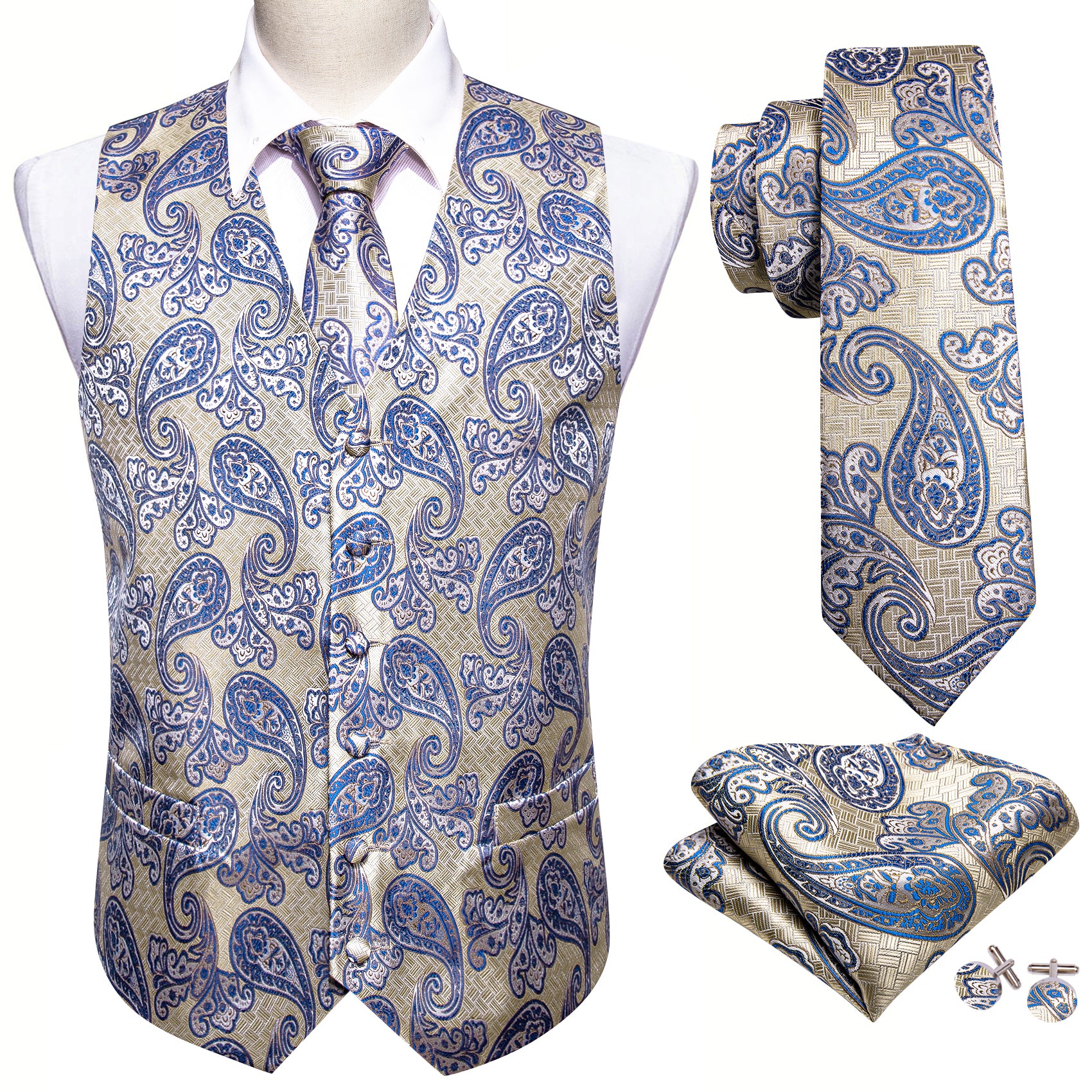 Classy Silver Blue Paisley Silk Vest Necktie Pocket Square Cufflinks Set