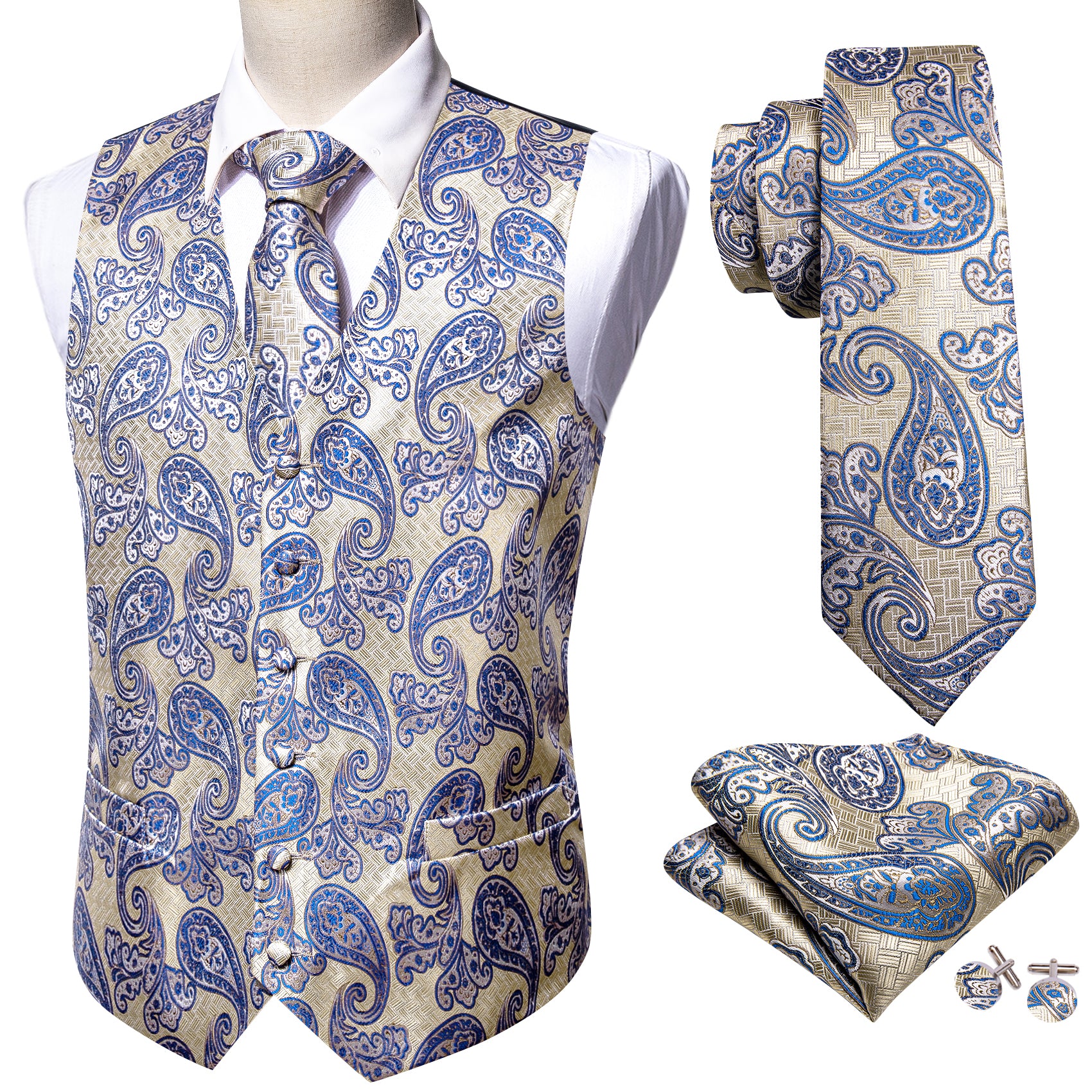 Classy Silver Blue Paisley Silk Vest Necktie Pocket Square Cufflinks Set