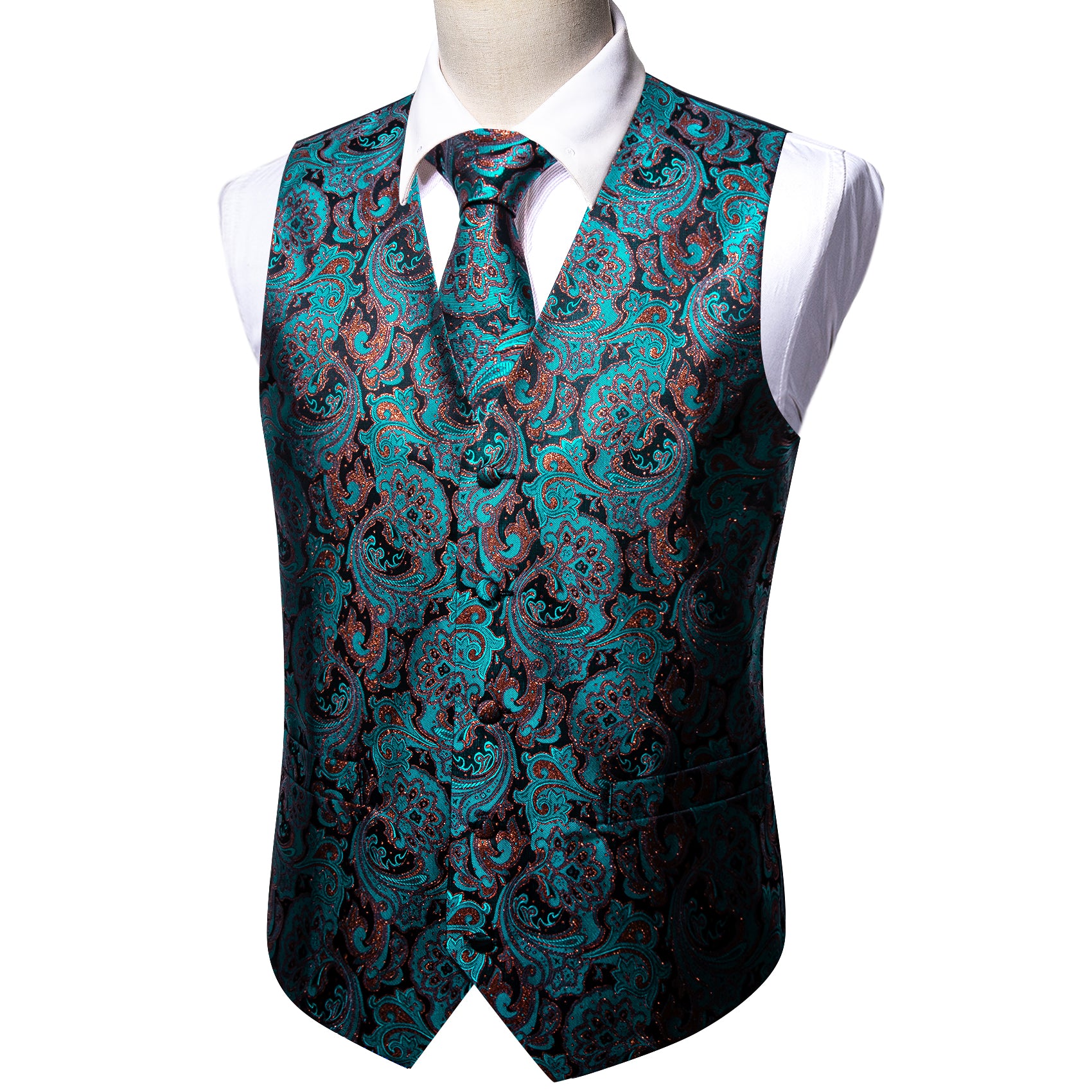 Classy Blue Black Paisley Silk Vest Necktie Pocket Square Cufflinks Set