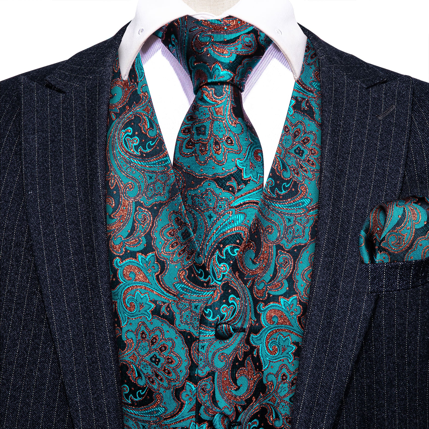 Classy Blue Black Paisley Silk Vest Necktie Pocket Square Cufflinks Set