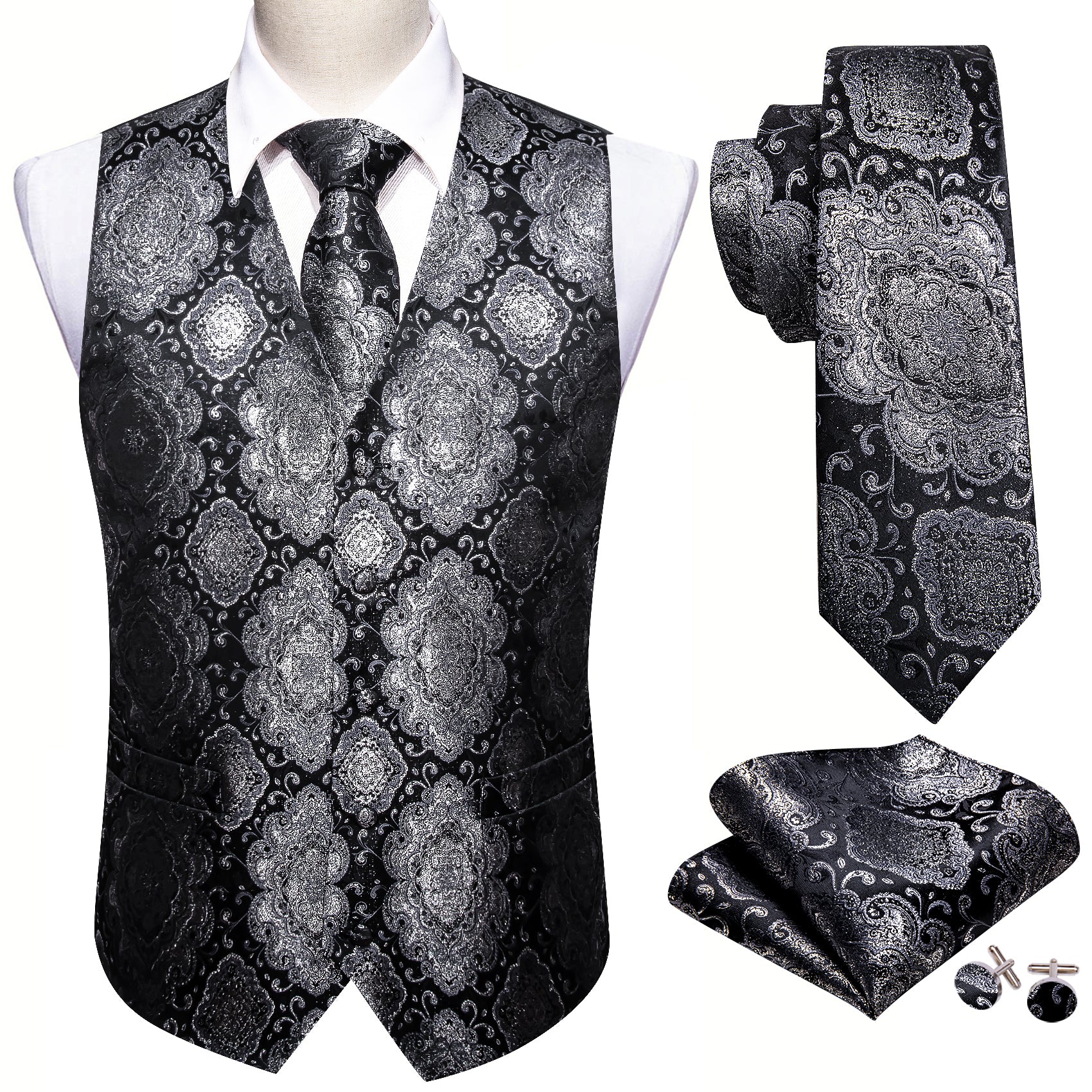 Black Silver Floral Silk Vest Necktie Pocket Square Cufflinks Set