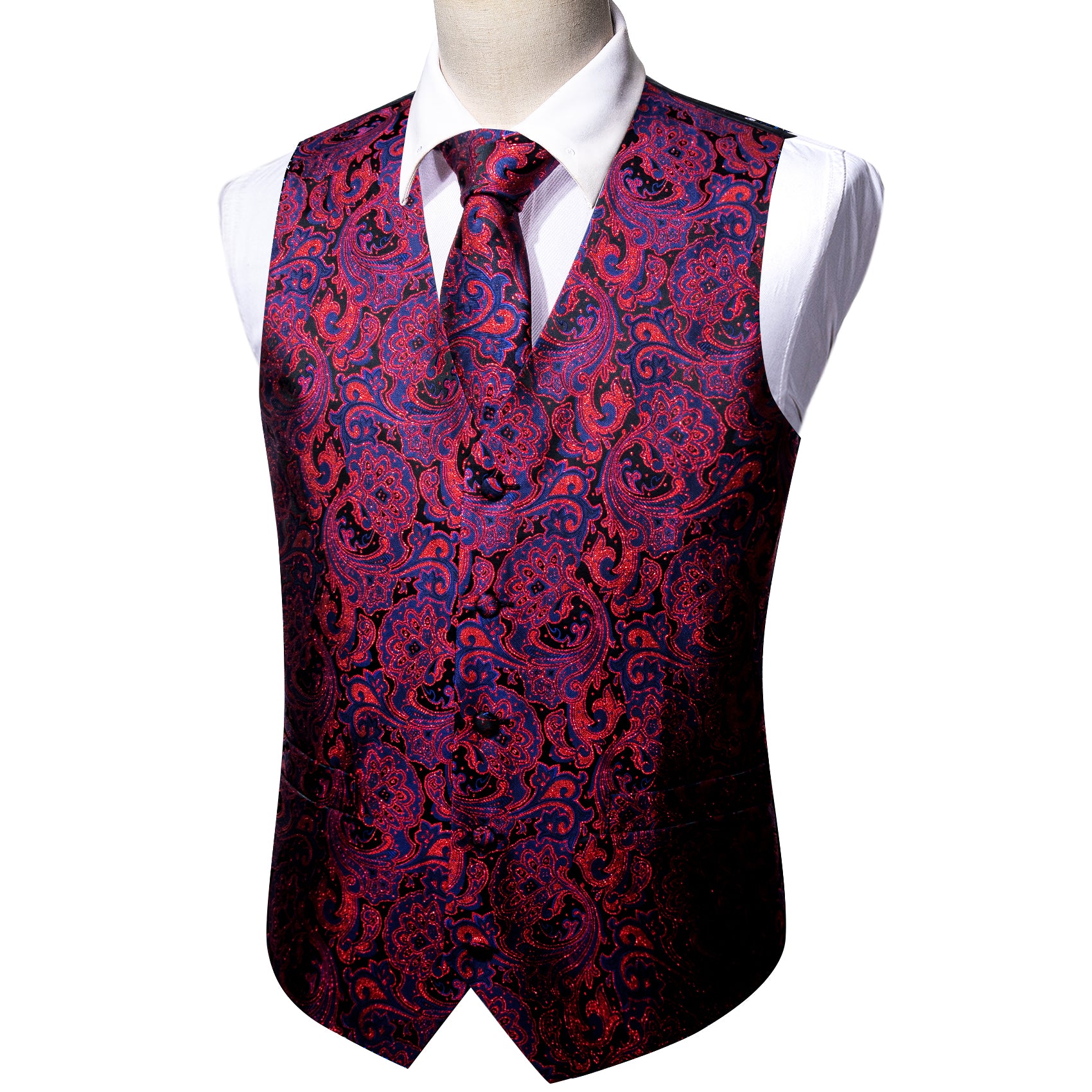 Red Blue Paisley Silk Vest Necktie Pocket Square Cufflinks Set