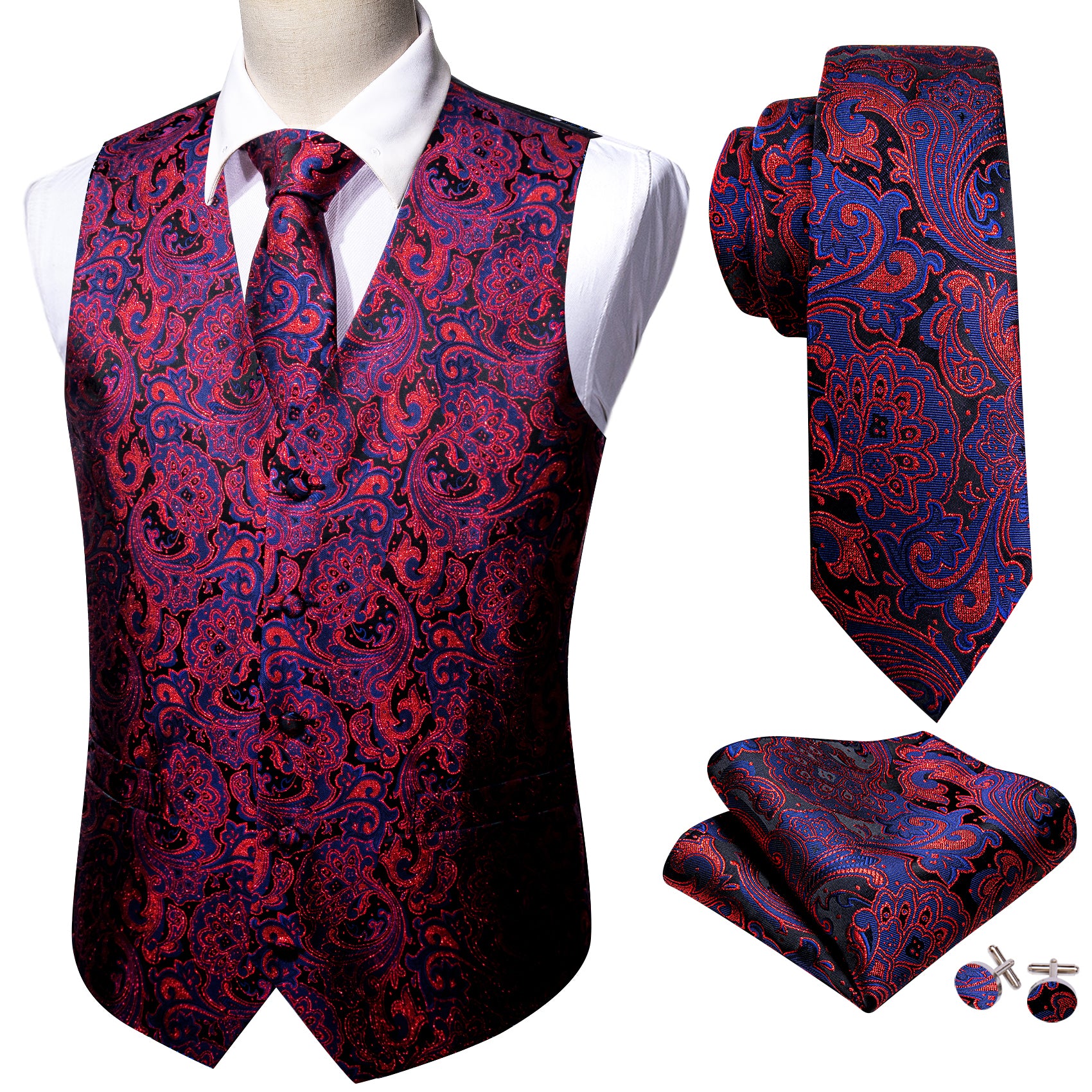 Red Blue Paisley Silk Vest Necktie Pocket Square Cufflinks Set