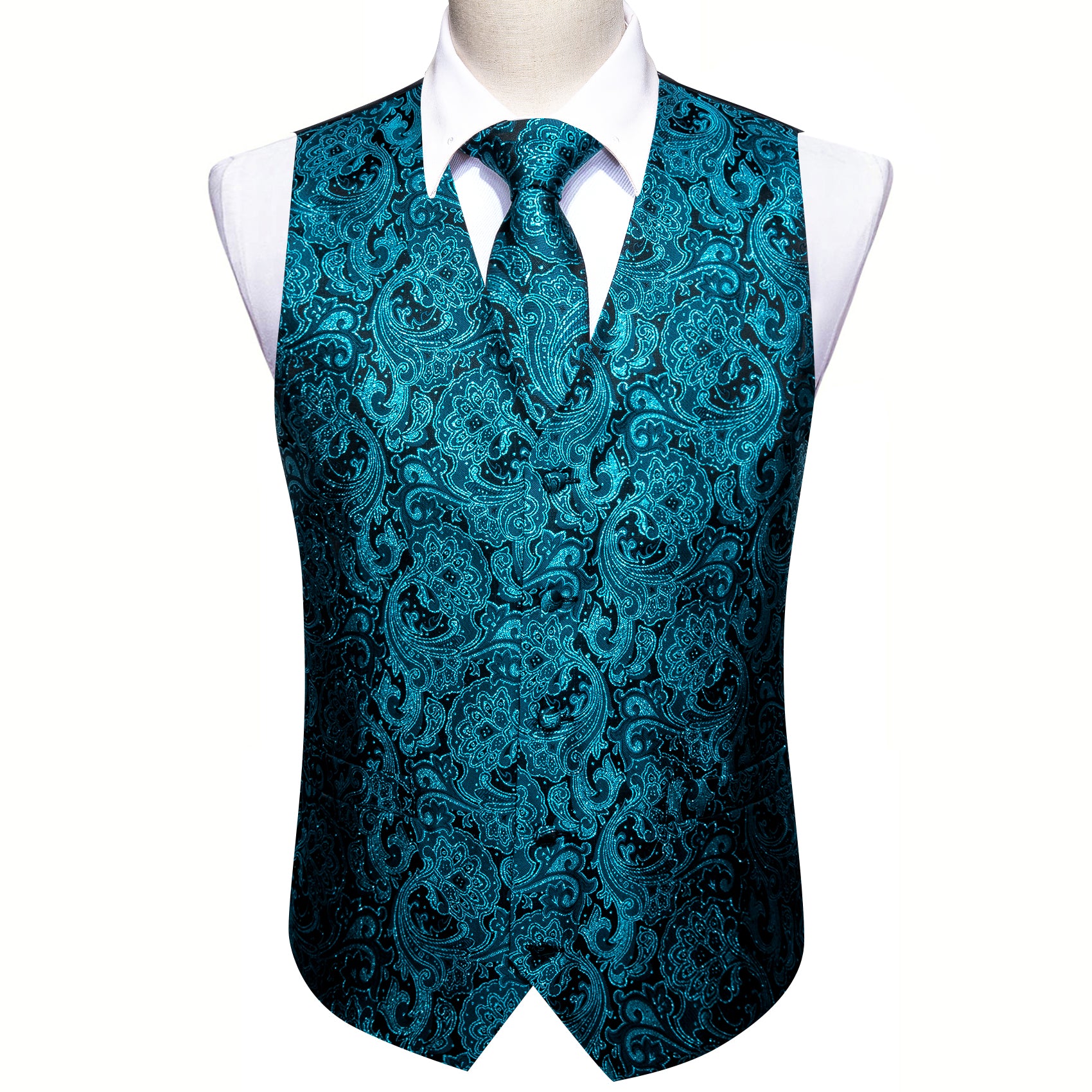 Blue Paisley Silk Vest Necktie Pocket Square Cufflinks Set