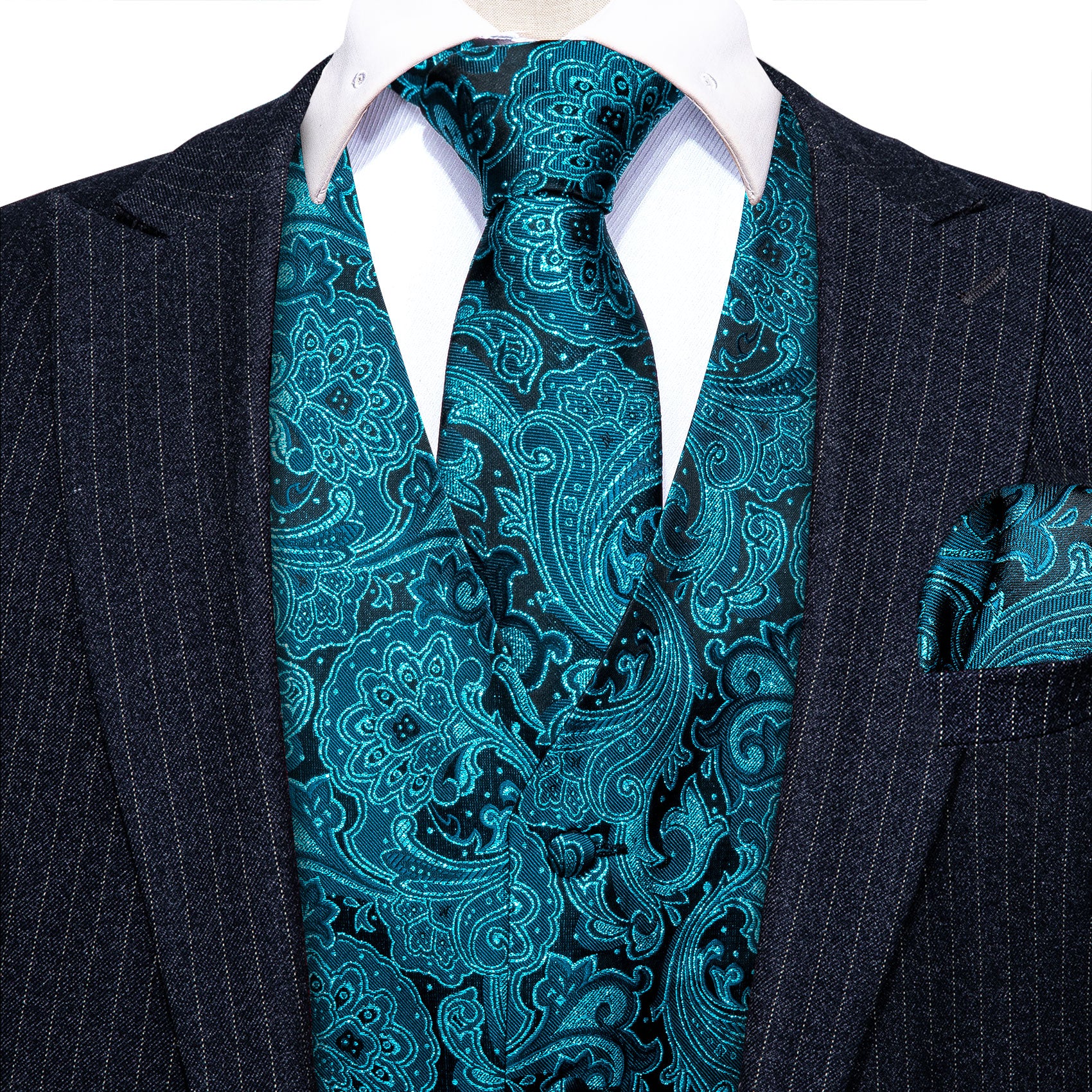 Blue Paisley Silk Vest Necktie Pocket Square Cufflinks Set