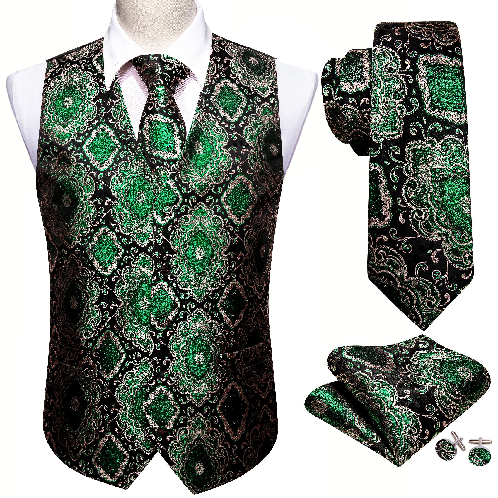Black Green Floral Silk Vest Necktie Pocket Square Cufflinks Set