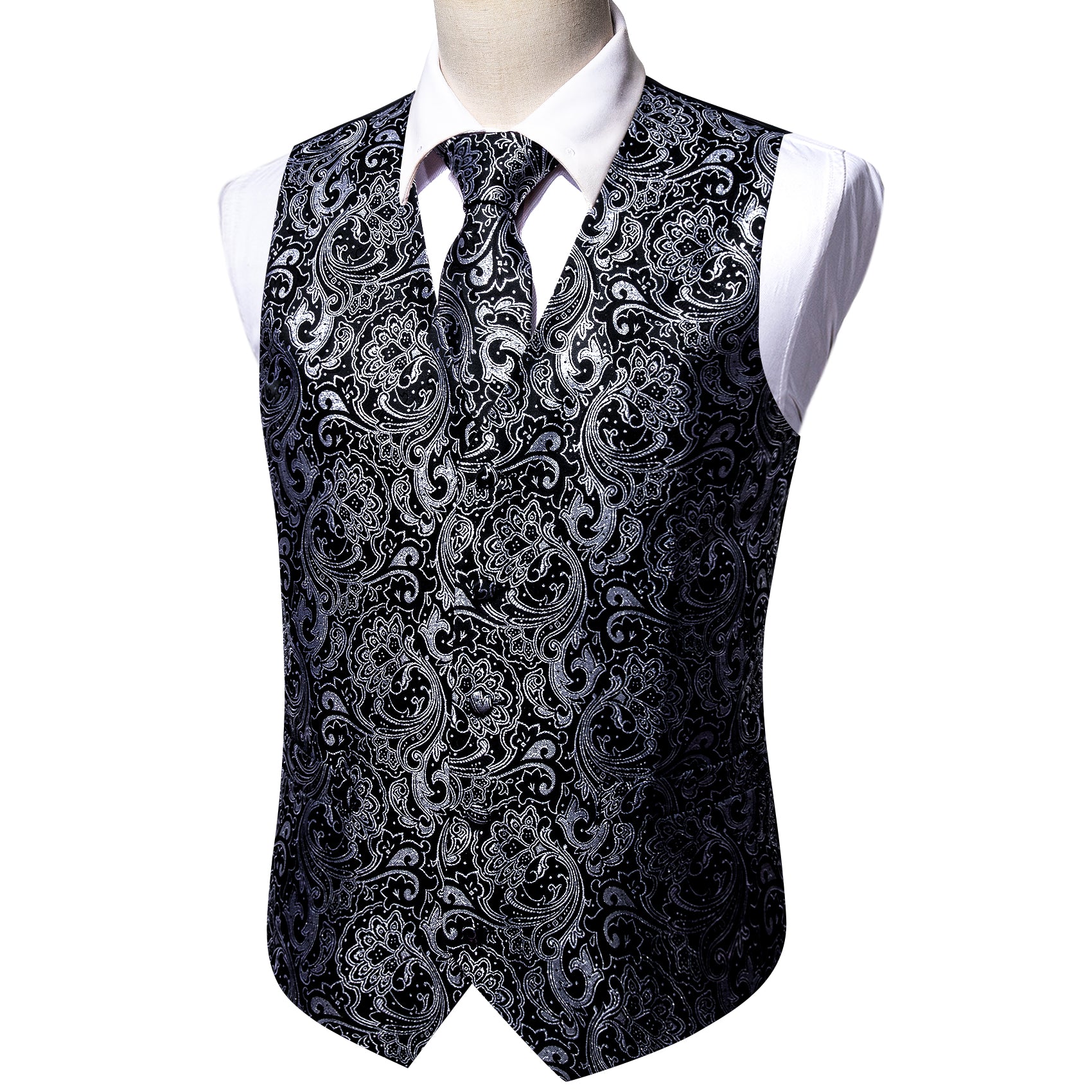 Classy Black White Paisley Silk Vest Necktie Pocket Square Cufflinks Set