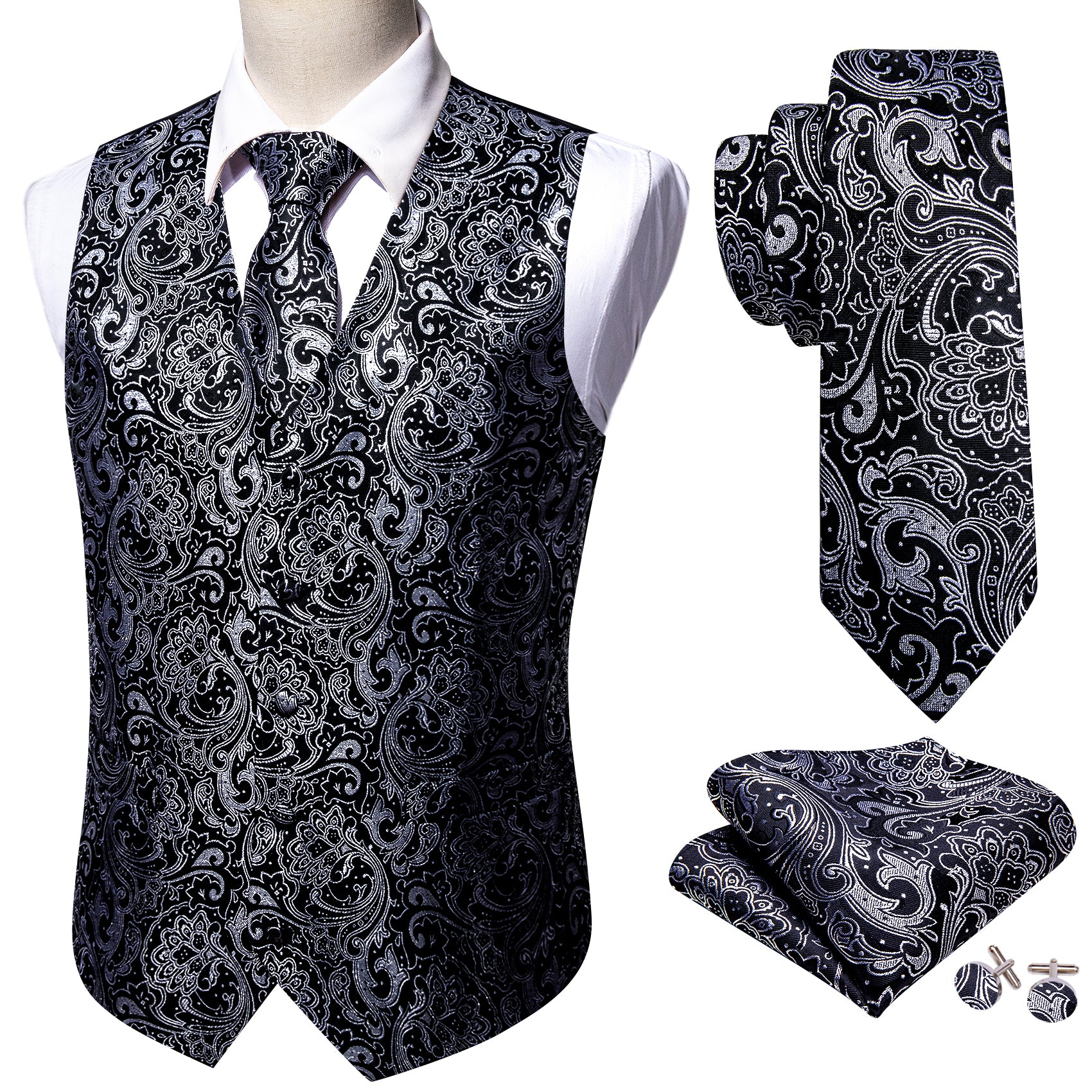 Classy Black White Paisley Silk Vest Necktie Pocket Square Cufflinks Set
