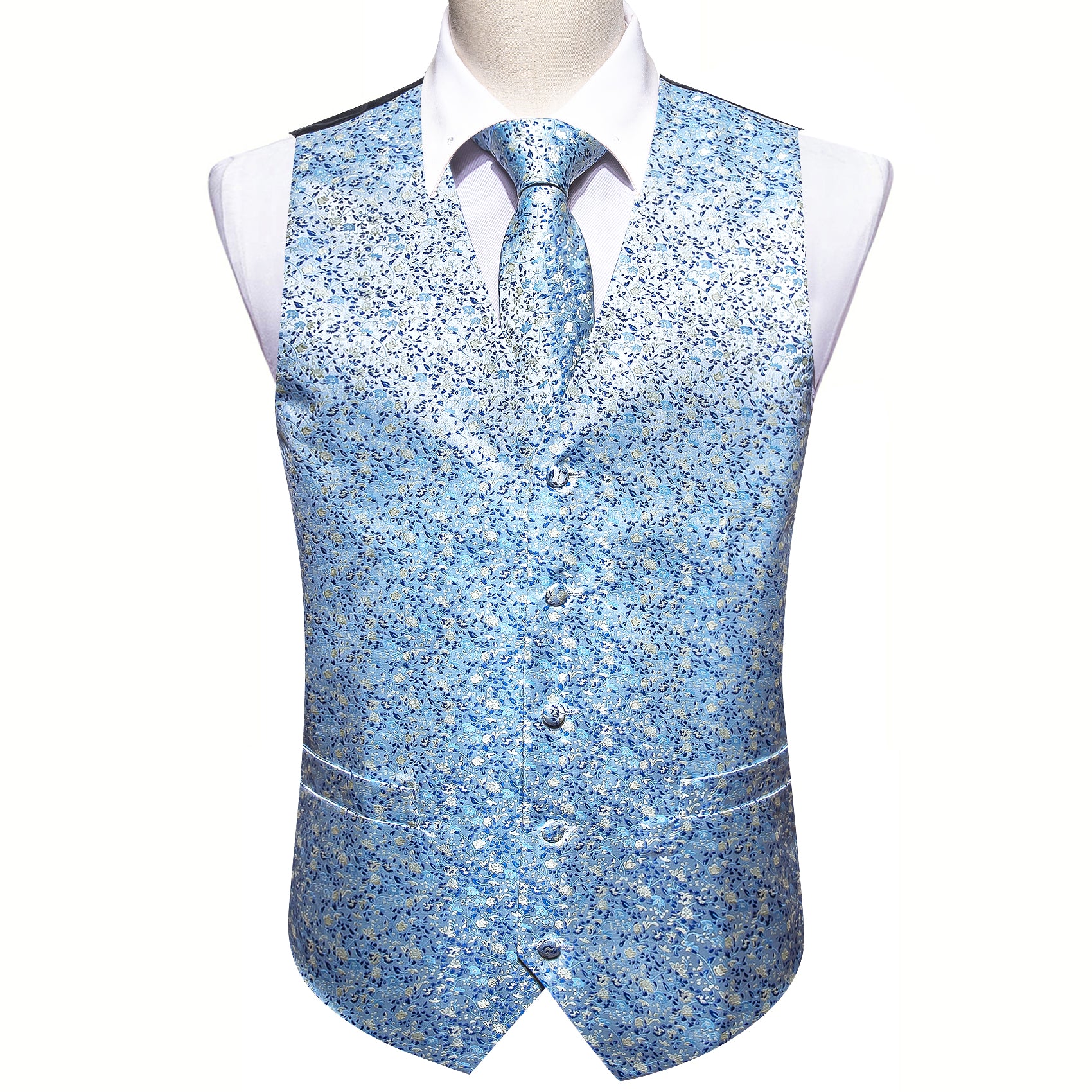 Sky Blue White Floral Silk Vest Necktie Pocket Square Cufflinks Set