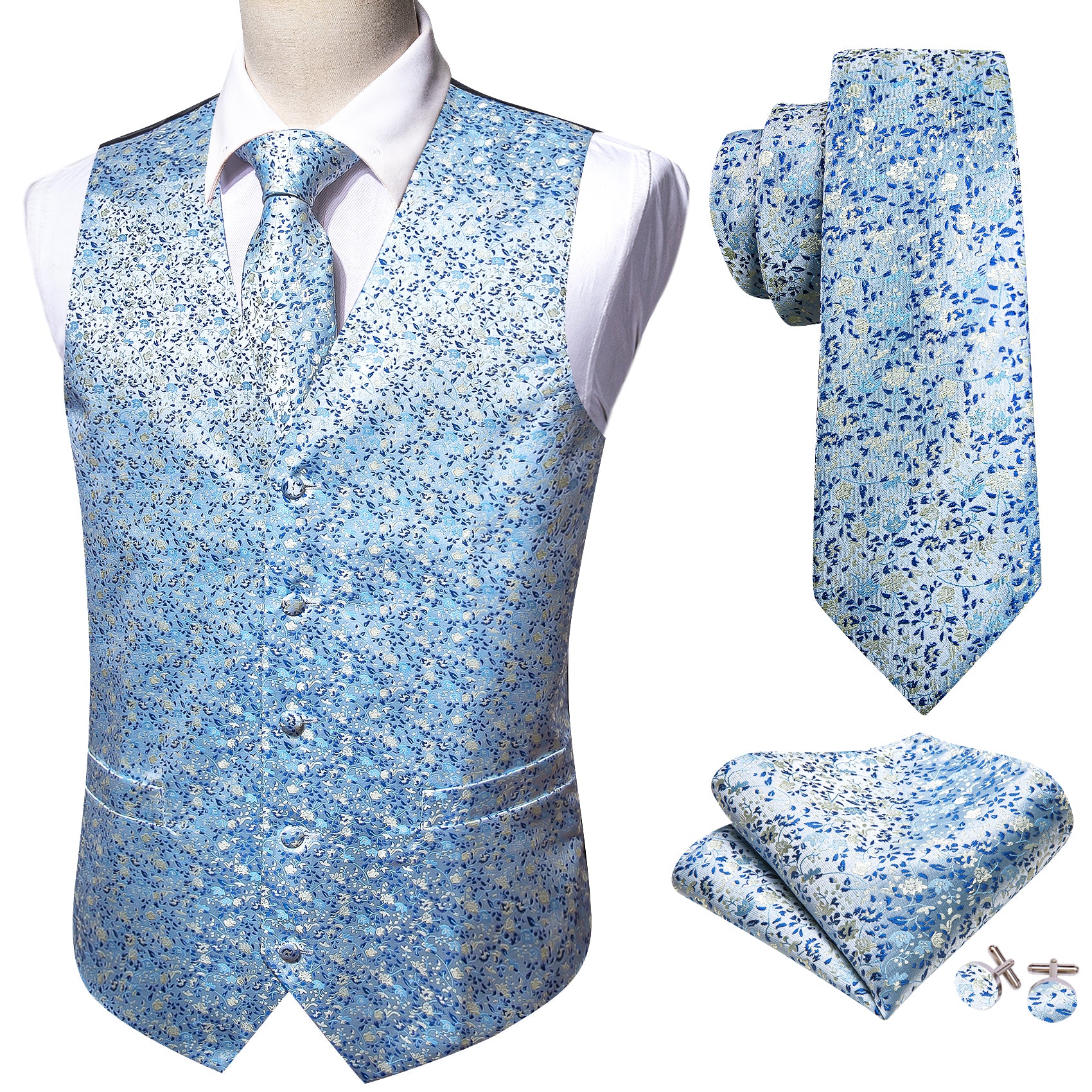 Sky Blue White Floral Silk Vest Necktie Pocket Square Cufflinks Set