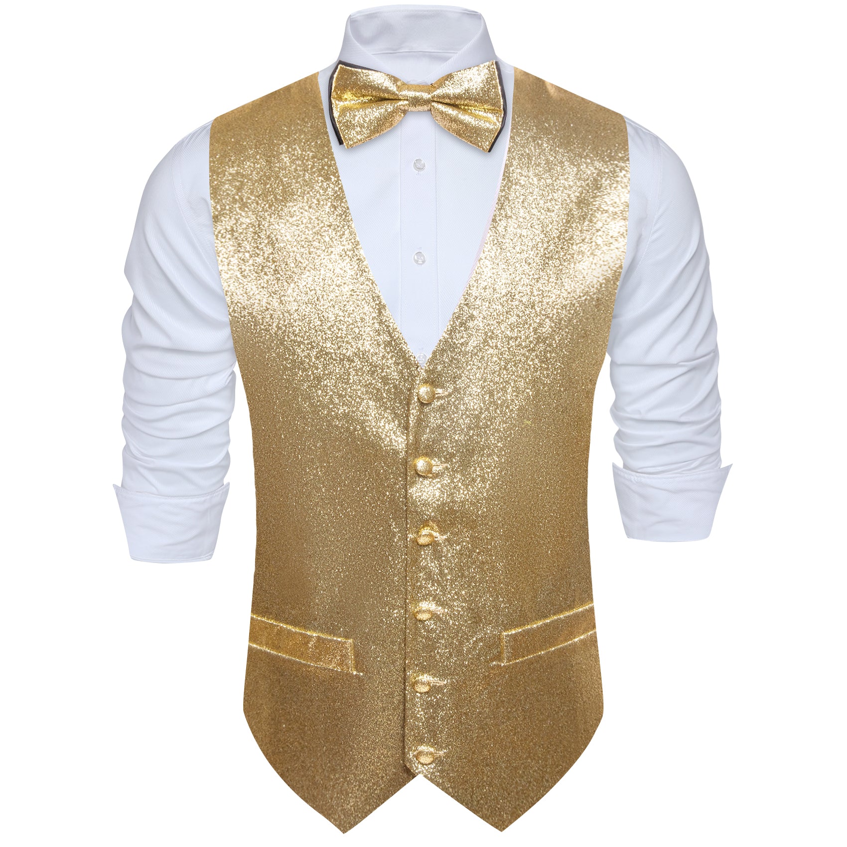 Barry.wang Men's Vest Shining Gold Solid Silk Bow Tie V-Neck Waistcoat Set
