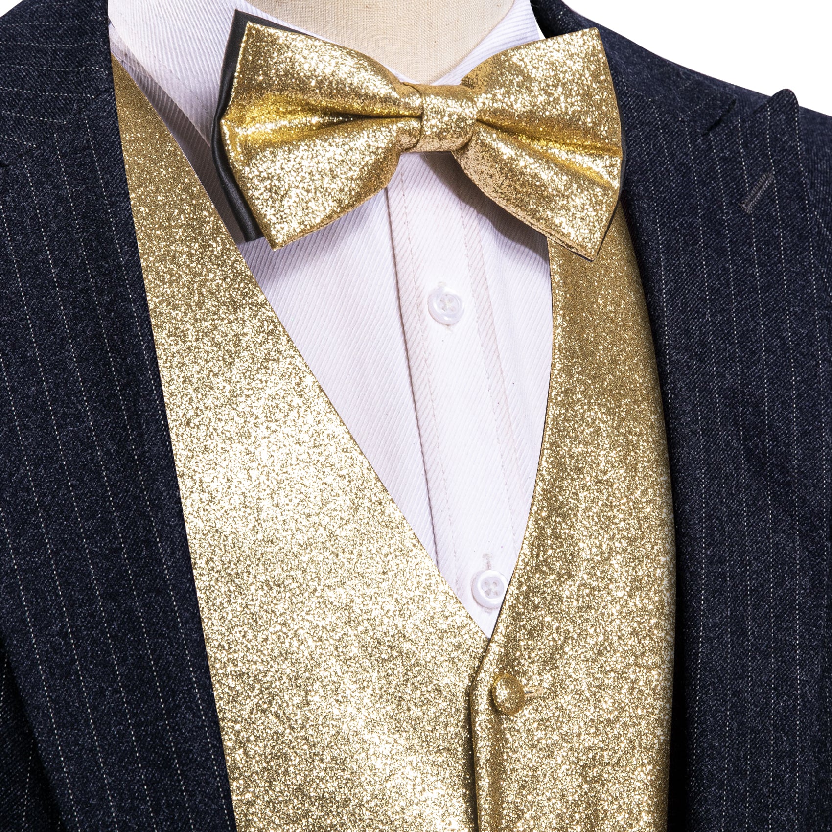 Shining Men's Gold Solid Silk Bow tie V-Neck Waistcoat Vest Set