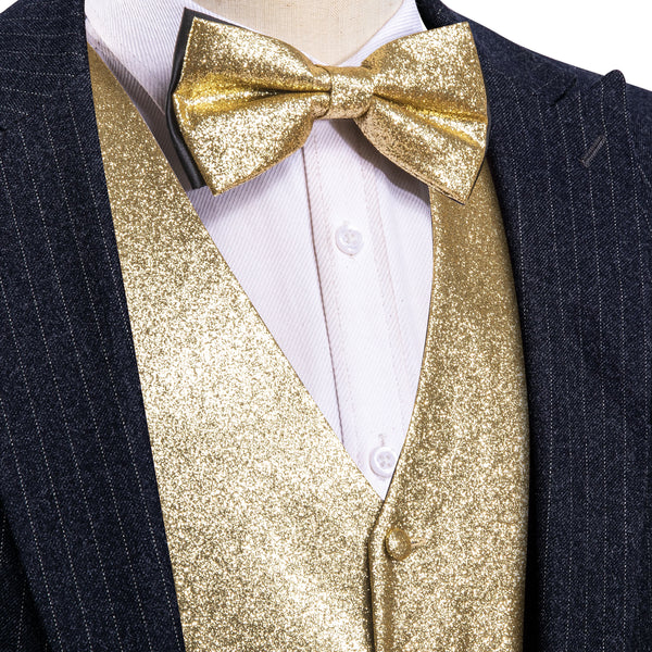 Men's Vest Shining Gold Solid Bow Tie V-Neck Waistcoat Set