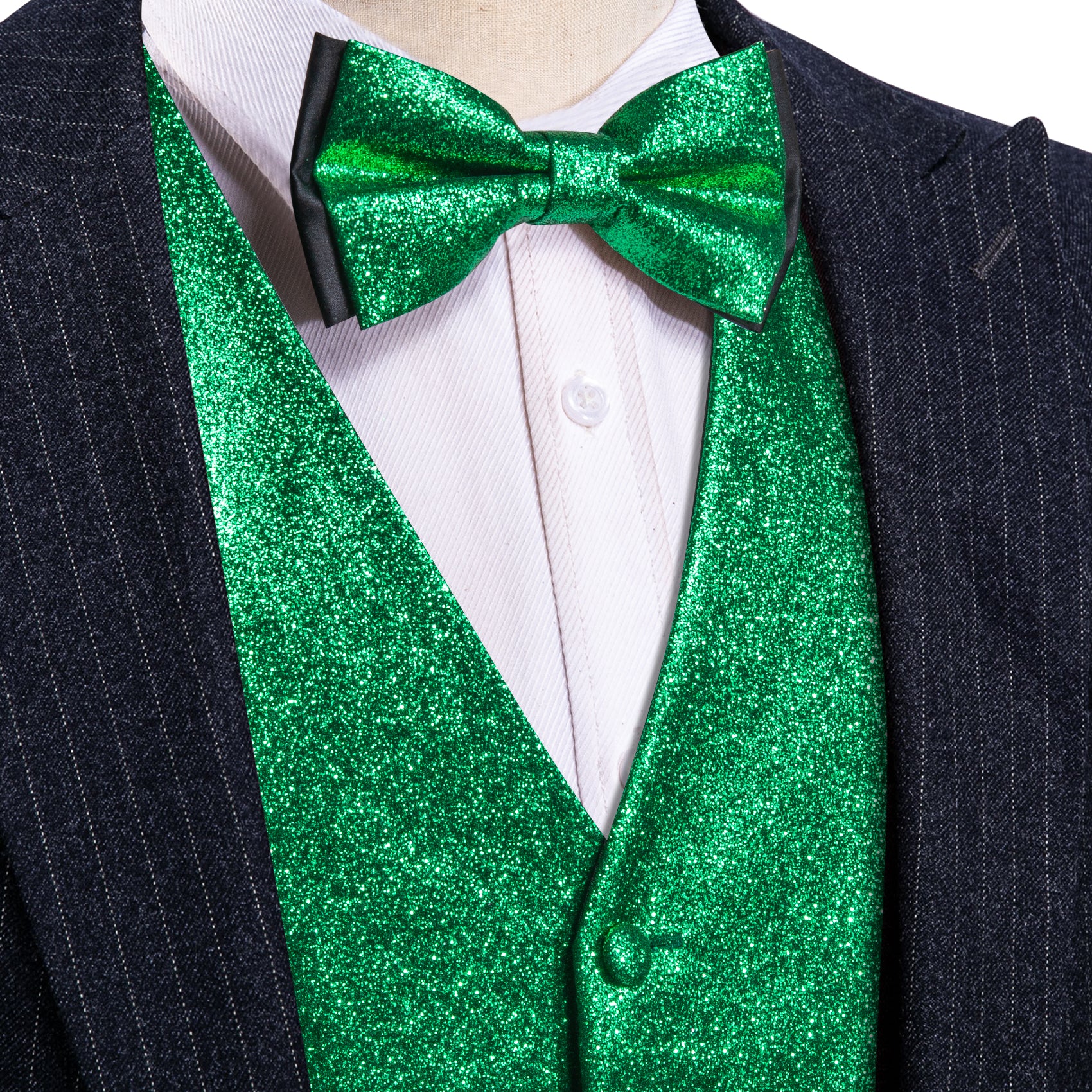 Shining Men's Pale Green Solid Silk Bowtie V-Neck Waistcoat Vest Set