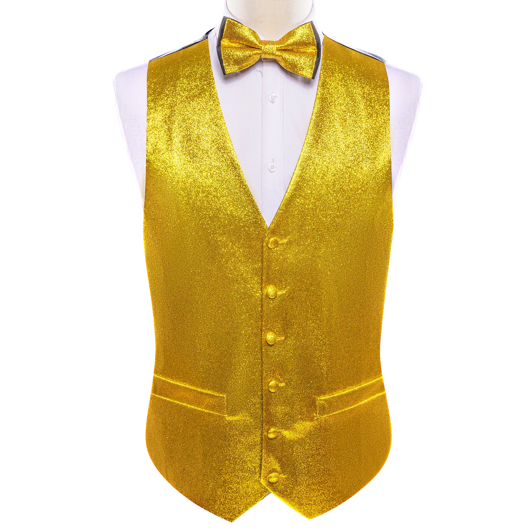 Shining Men's Golden Solid Silk Bowtie V-Neck Waistcoat Vest Set