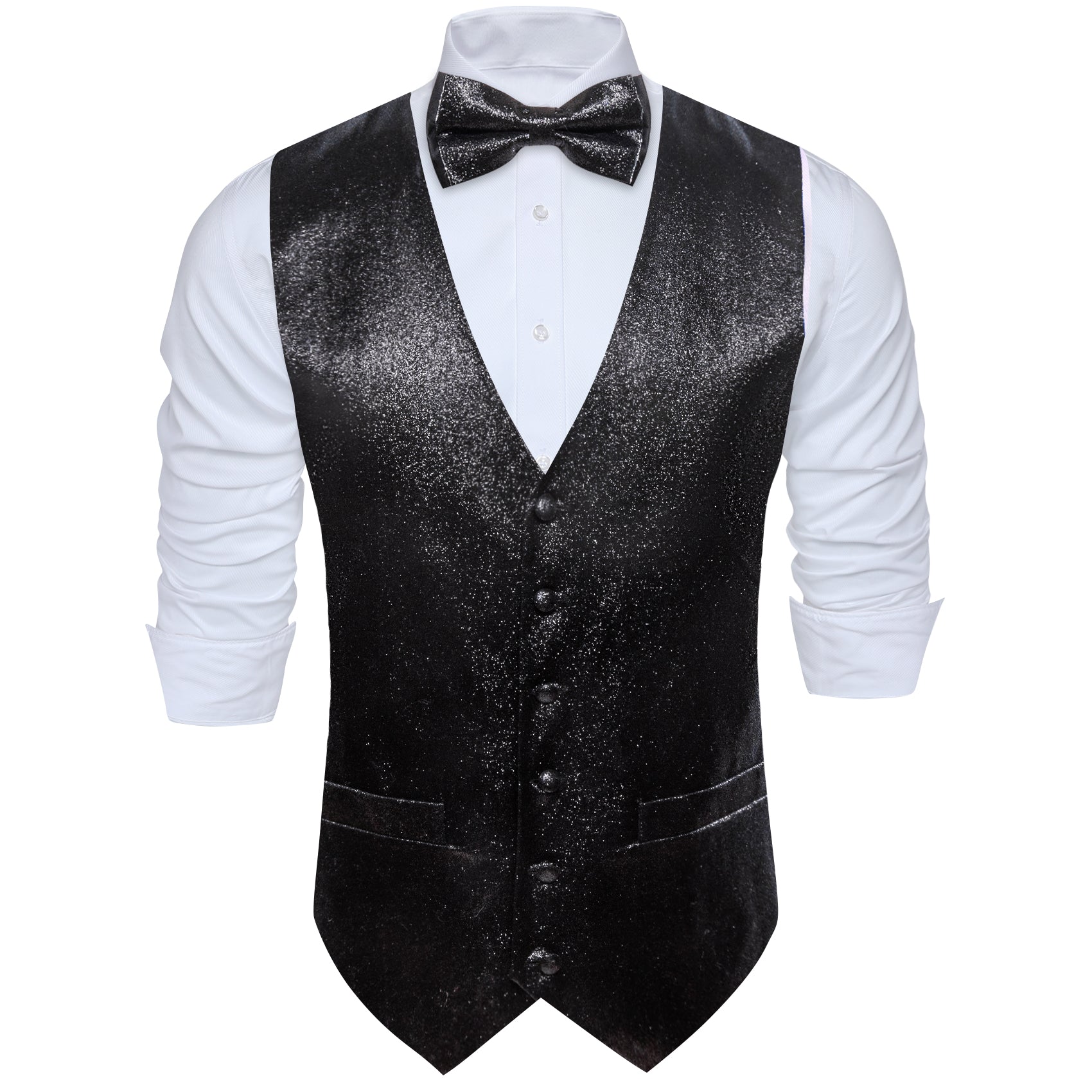 Shining Men's Black Solid Silk Bowtie V-Neck Waistcoat Vest Set