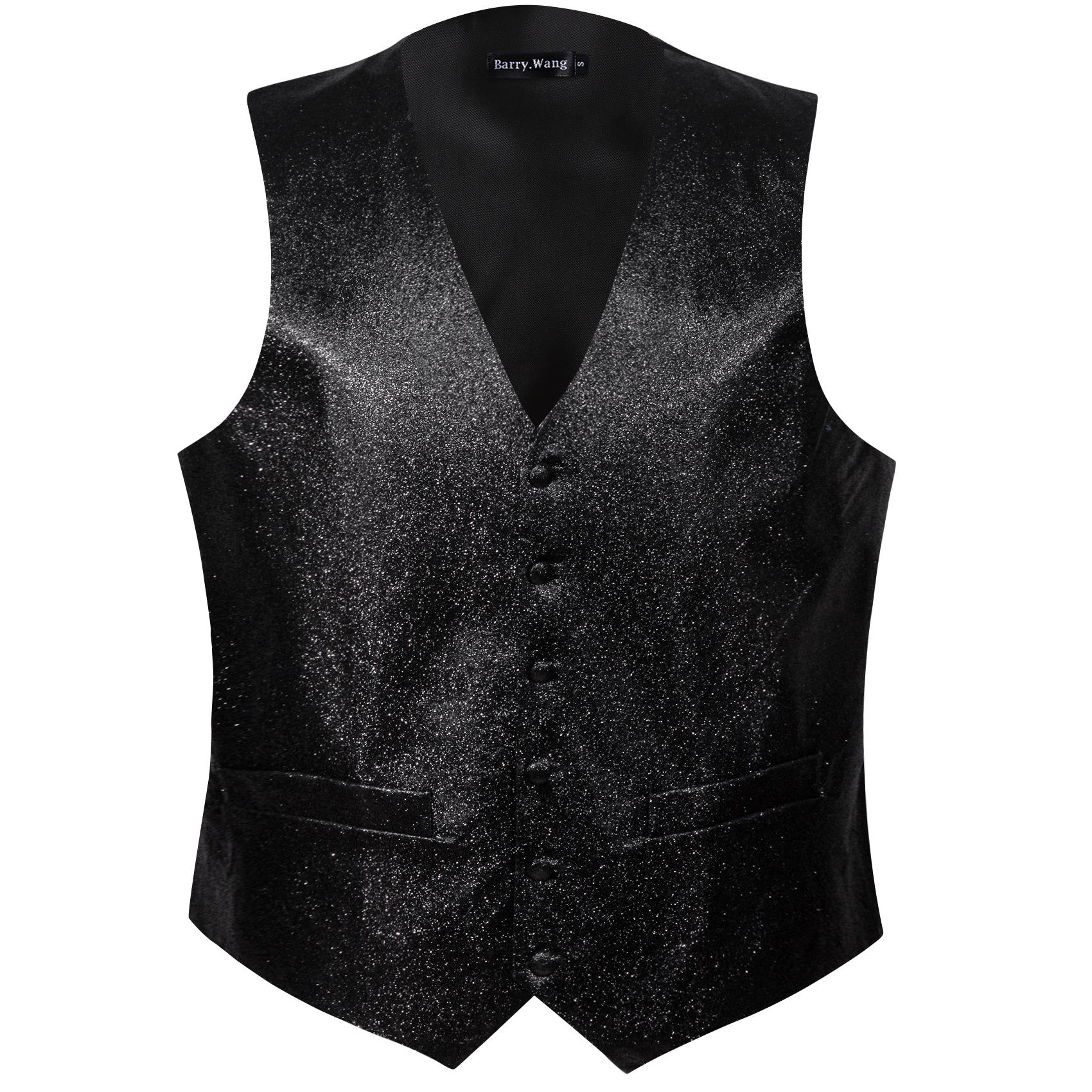 Shining Men's Black Solid Silk Bowtie V-Neck Waistcoat Vest Set