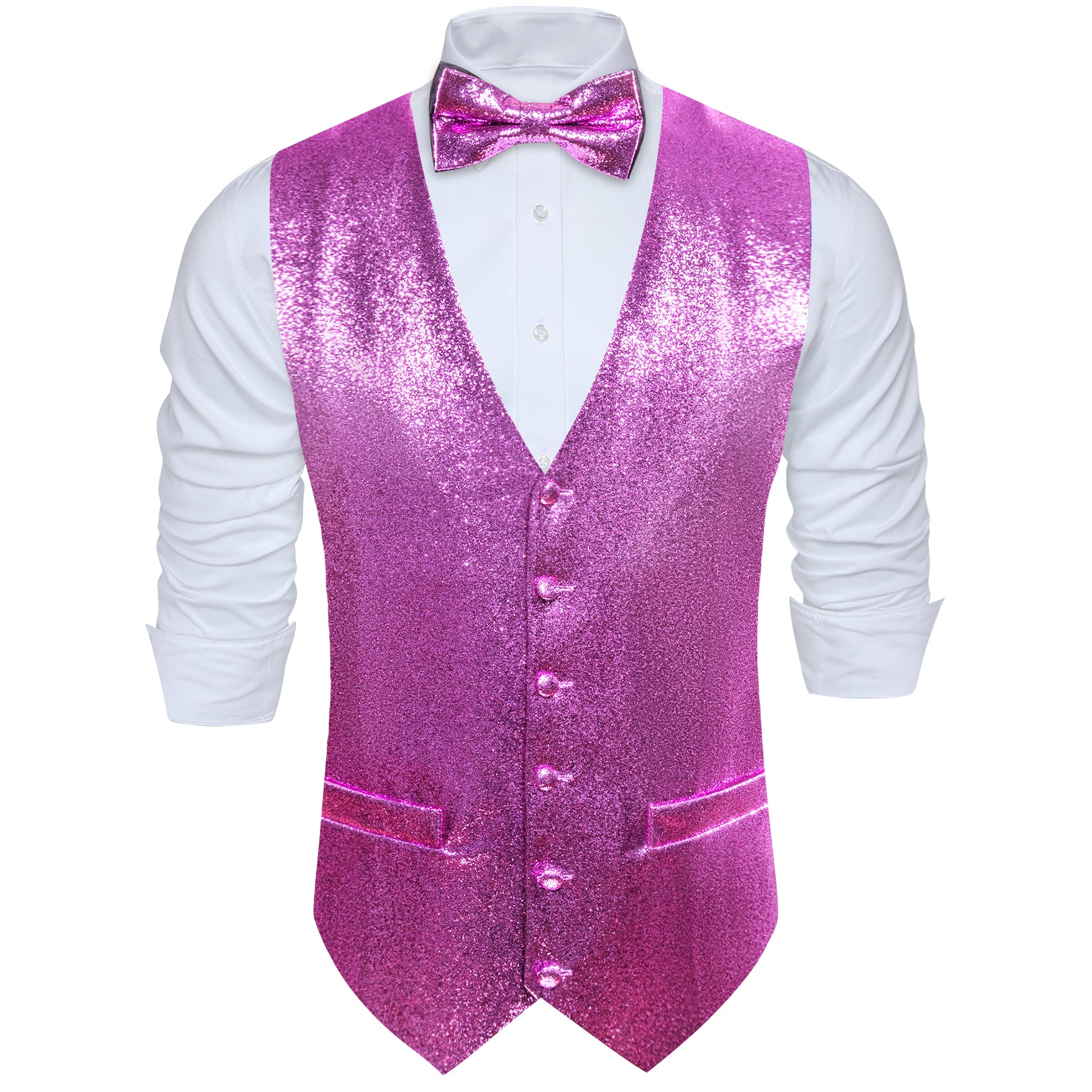 Shining Men's Purple Solid Silk Bowtie V-Neck Waistcoat Vest Set