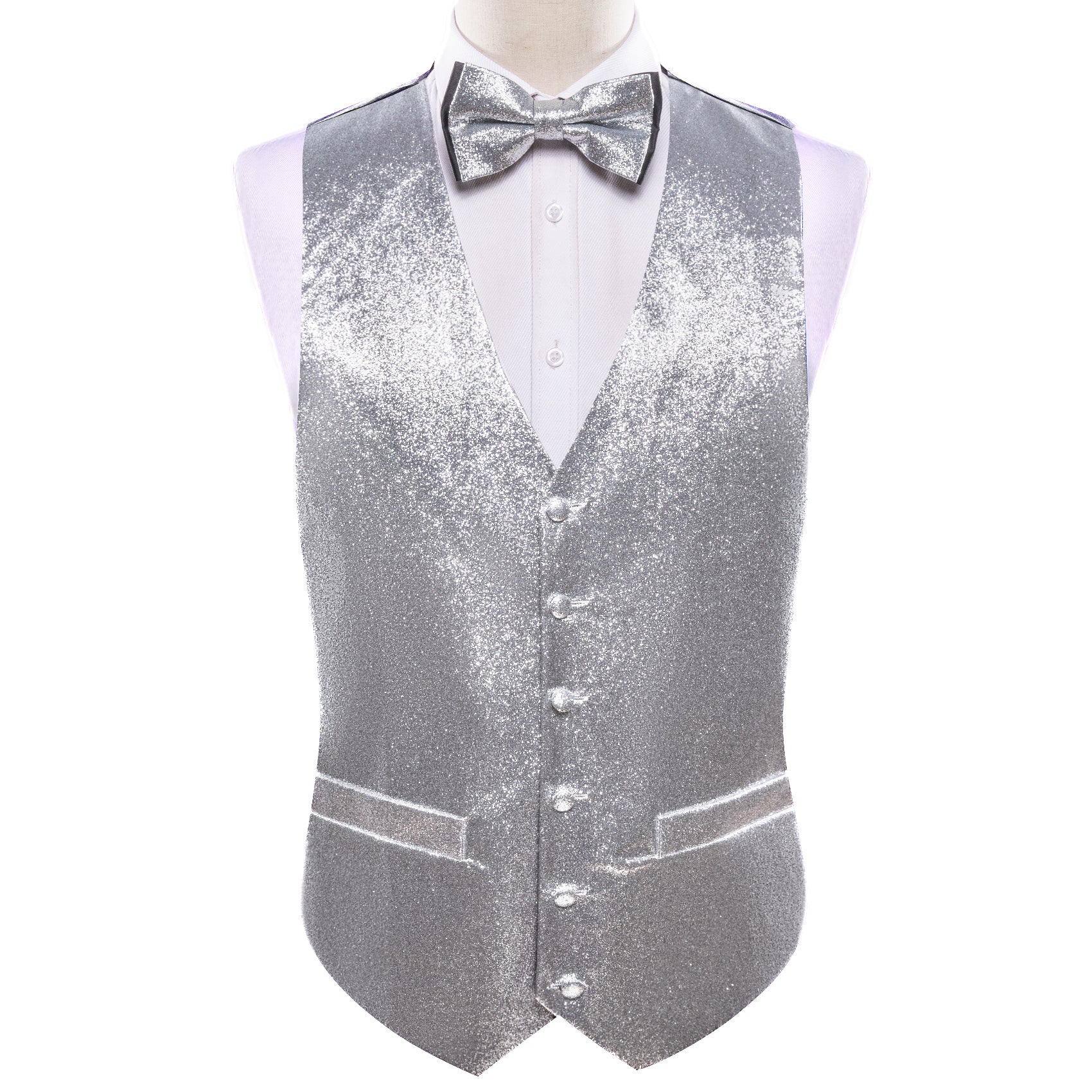 Shining Men's Grey Silk Bowtie V-Neck Waistcoat Vest Set