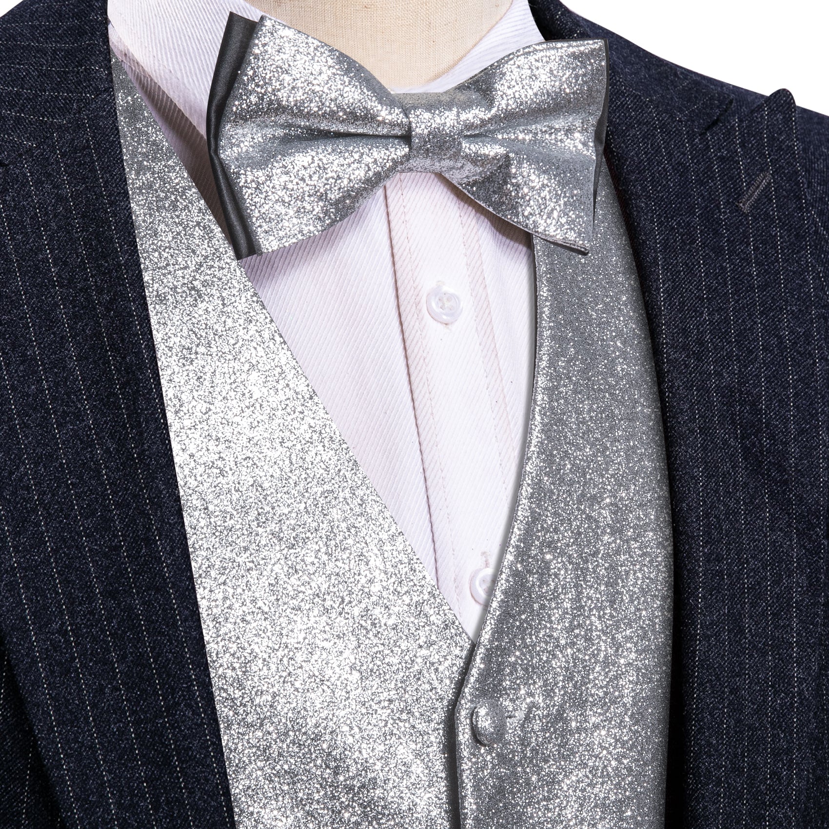 Shining Men's Grey Silk Bowtie V-Neck Waistcoat Vest Set