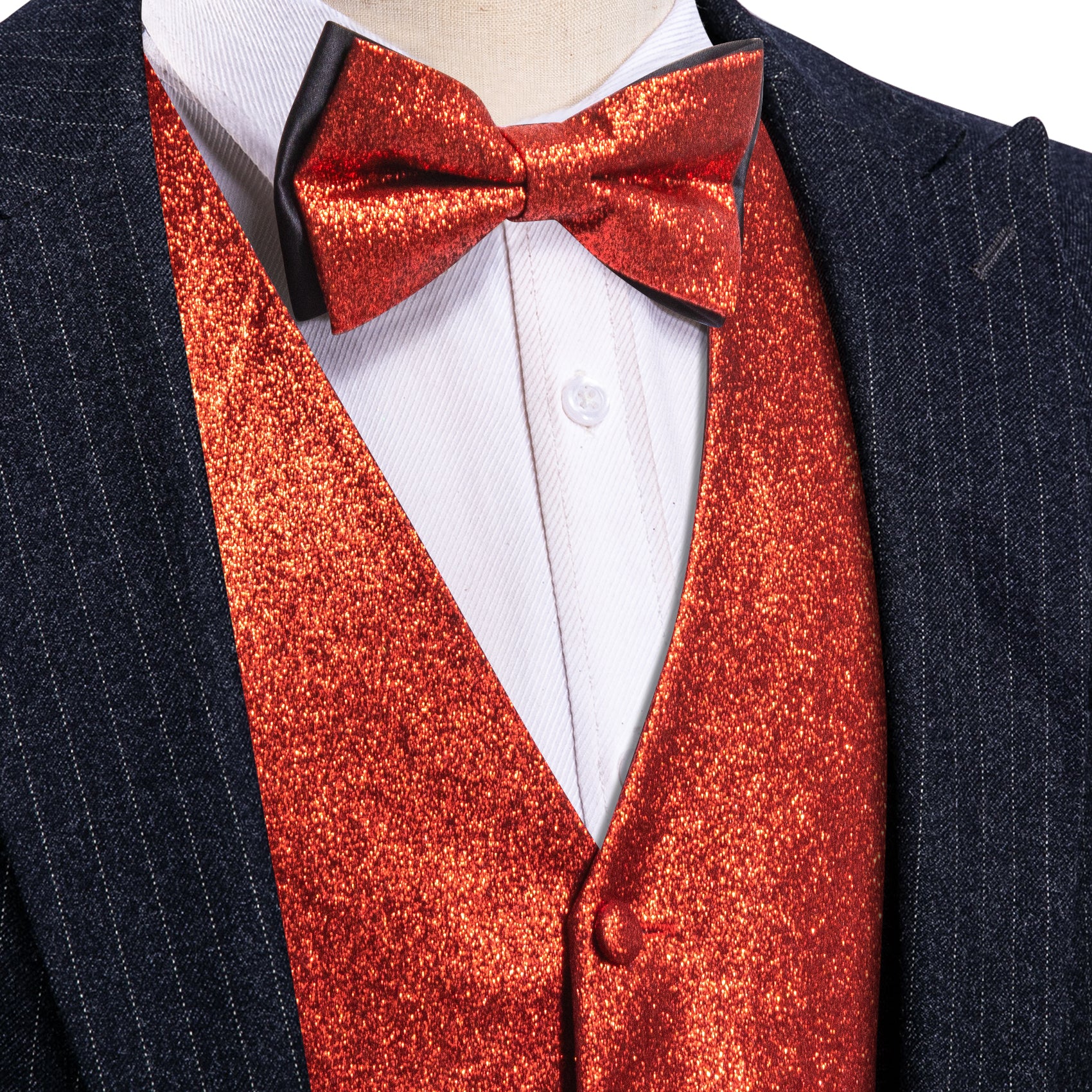 Shining Men's Orange Silk Bowtie V-Neck Waistcoat Vest Set