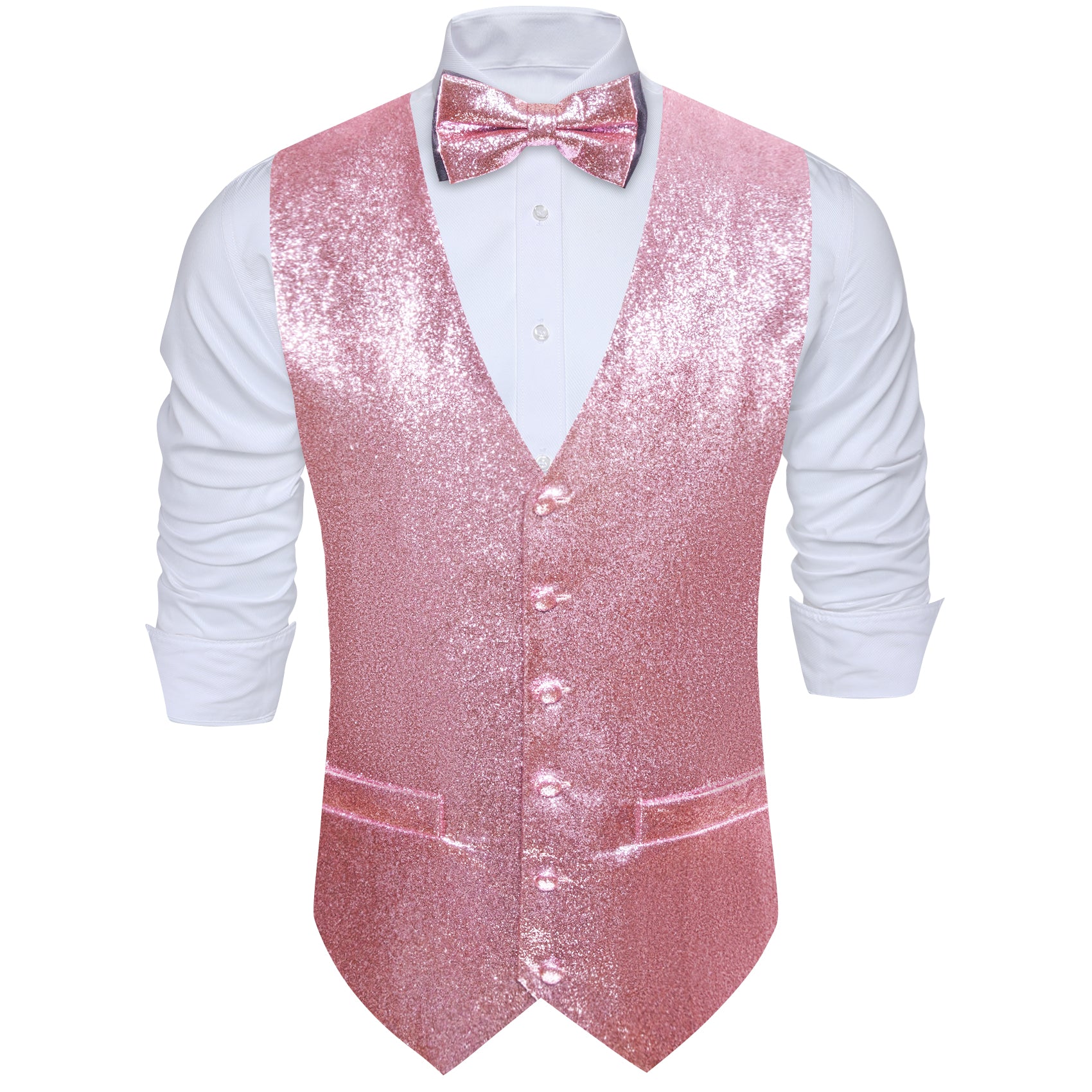 Shining Men's Pink Silk Bowtie V-Neck Waistcoat Vest Set