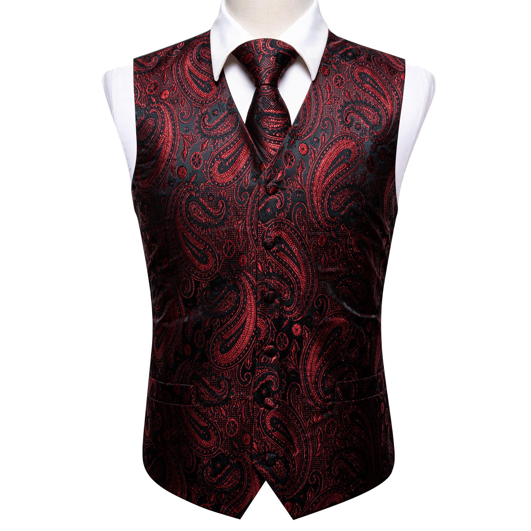 Men's Red Black Paisley Silk Vest Tie Set