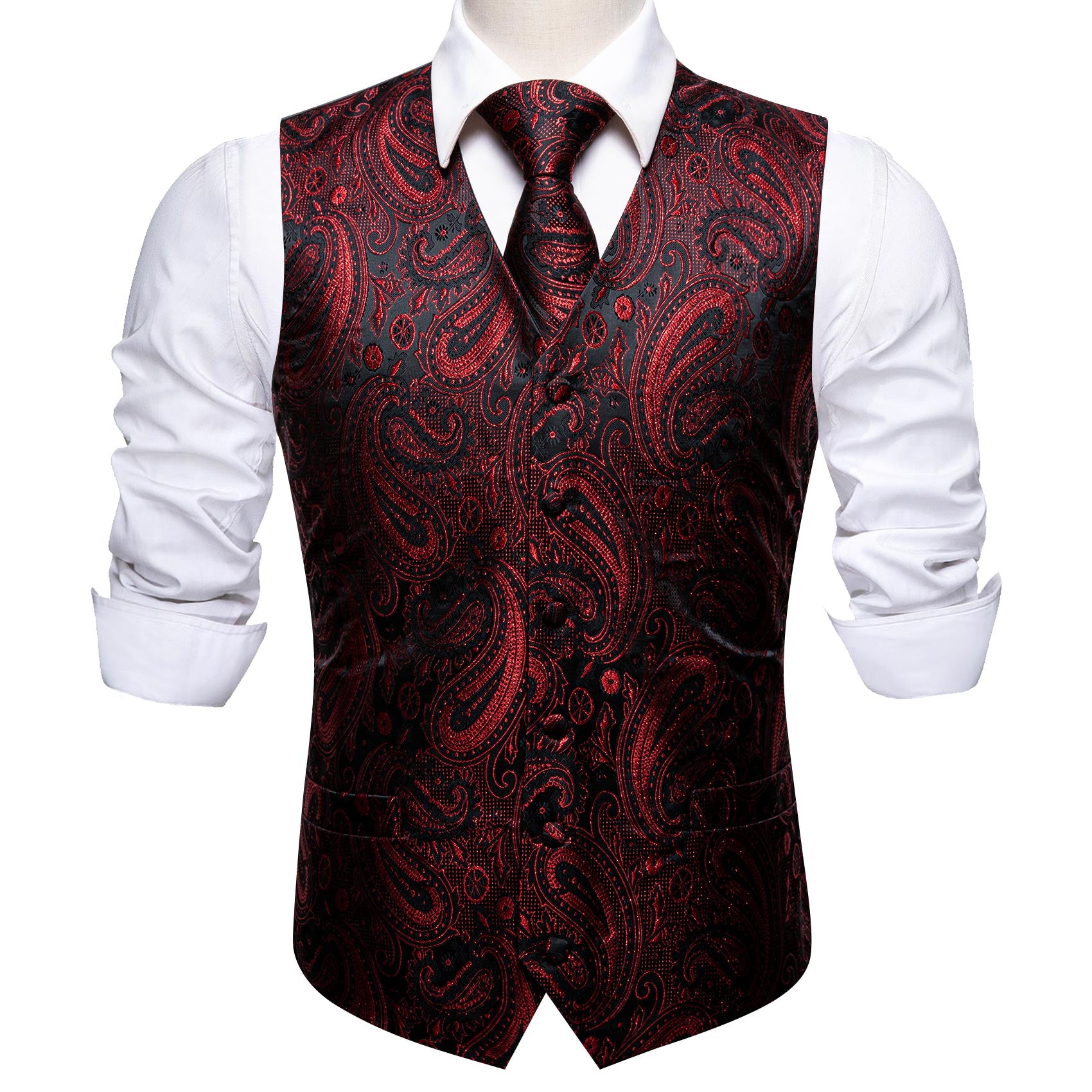 Men's Red Black Paisley Silk Vest Tie Set