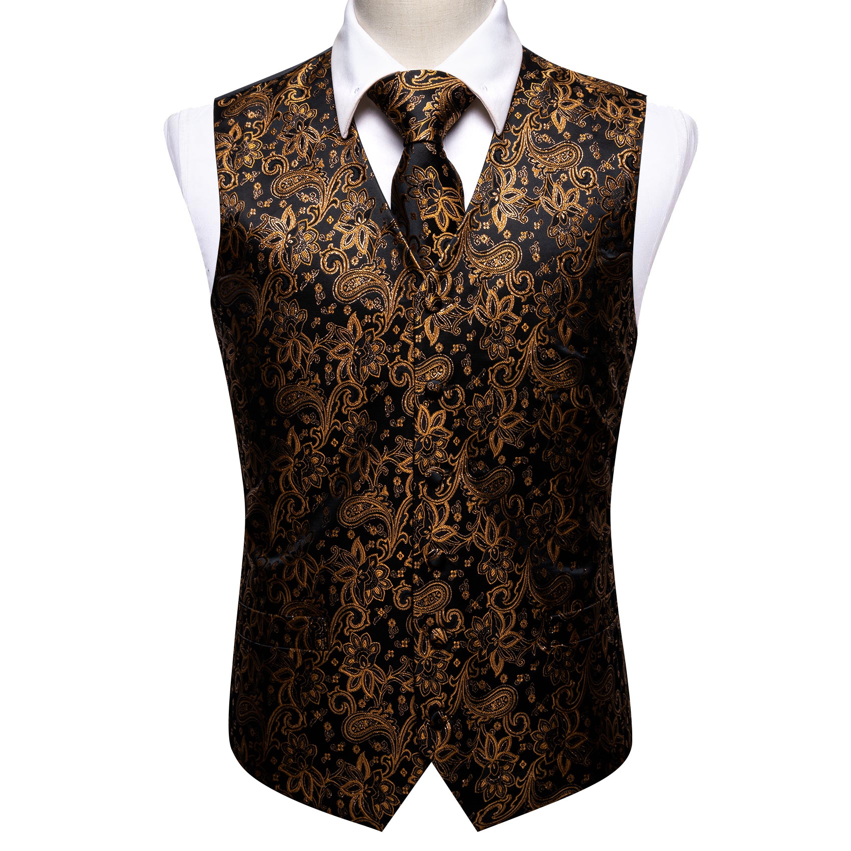 Men's Black Gold Floral Silk Vest Tie Set