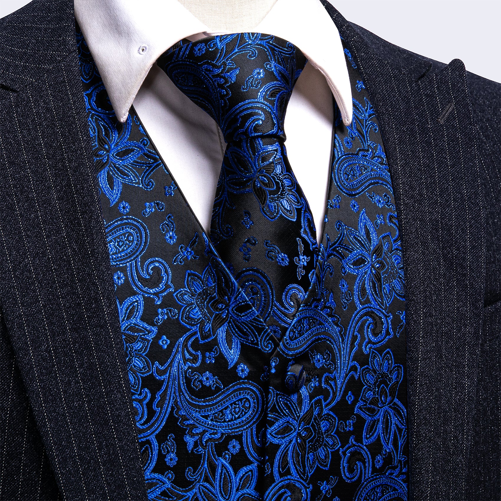 Men's Blue Black Floral Silk Vest Necktie Set