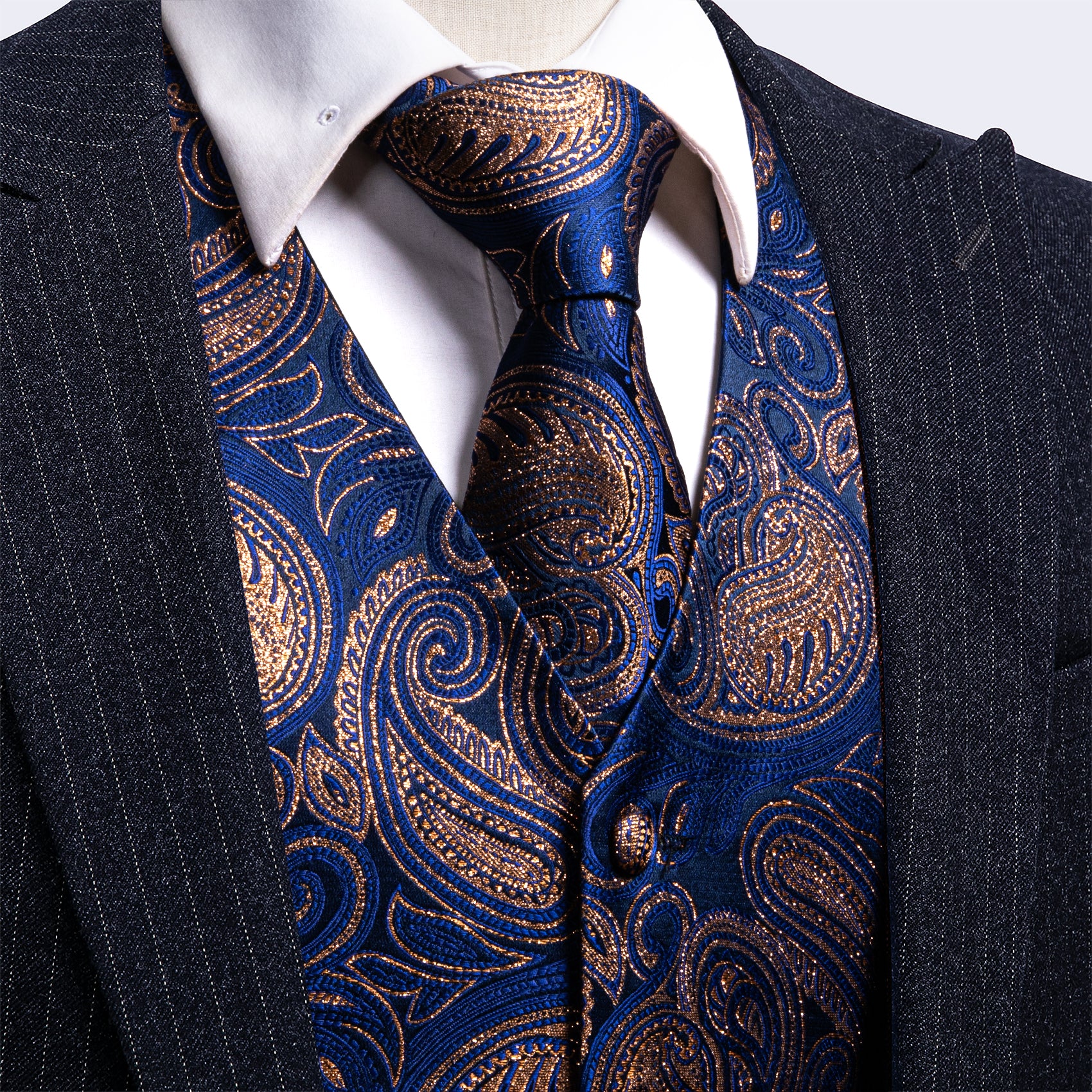 Men's Blue Gold Paisley Silk Vest Tie Set