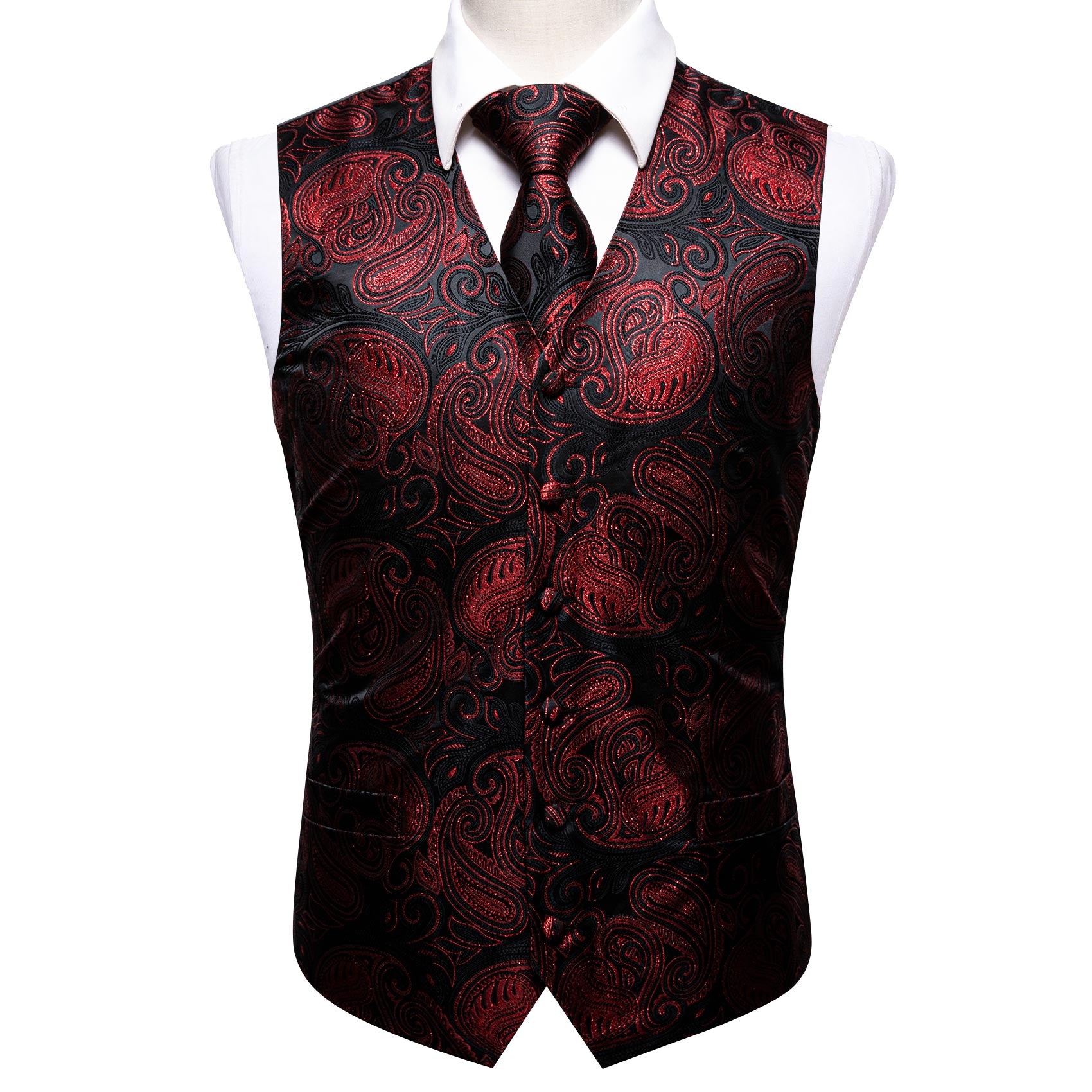 New Claret Black Paisley Silk Vest Tie Set