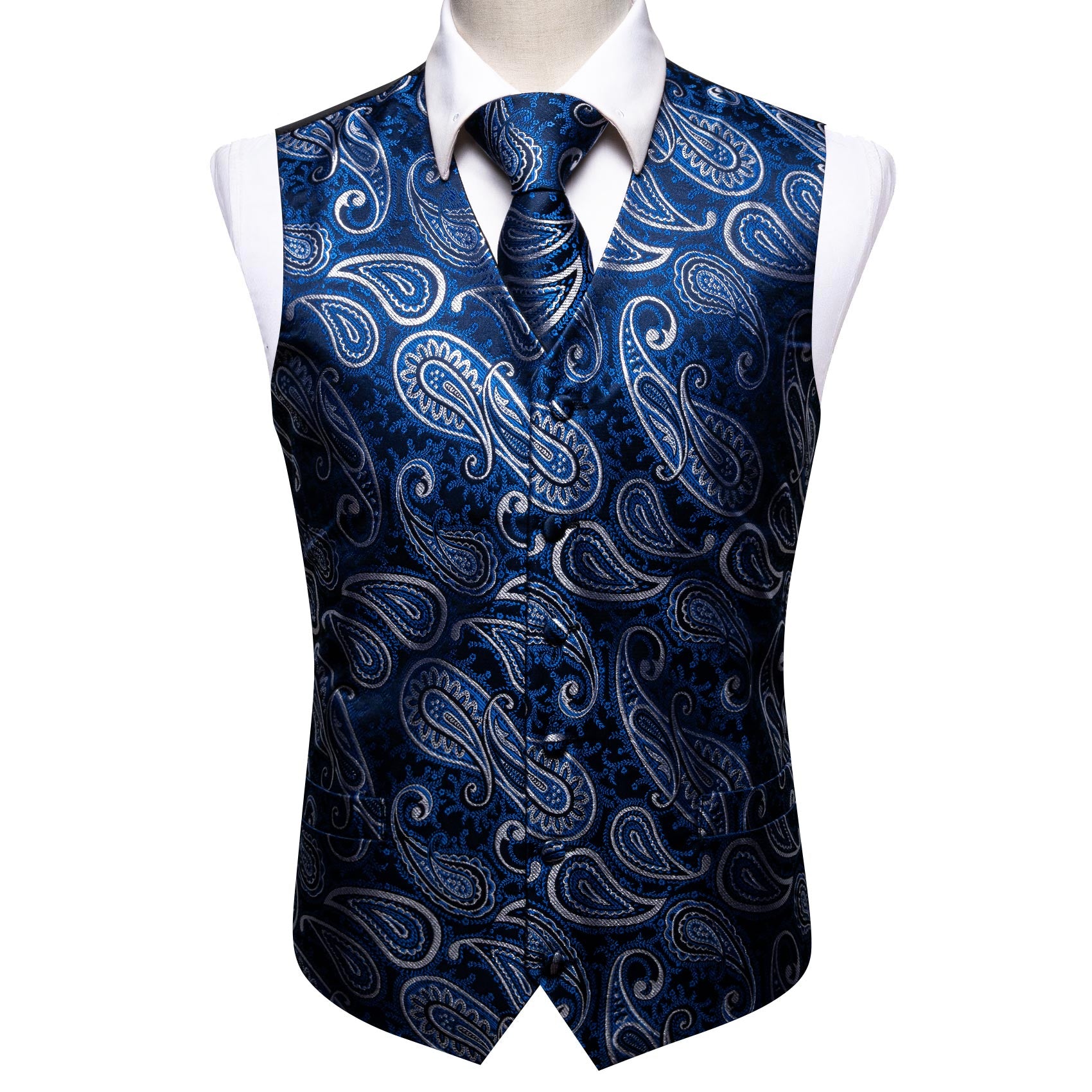 Mens Blue White Paisley Silk Vest Tie Set