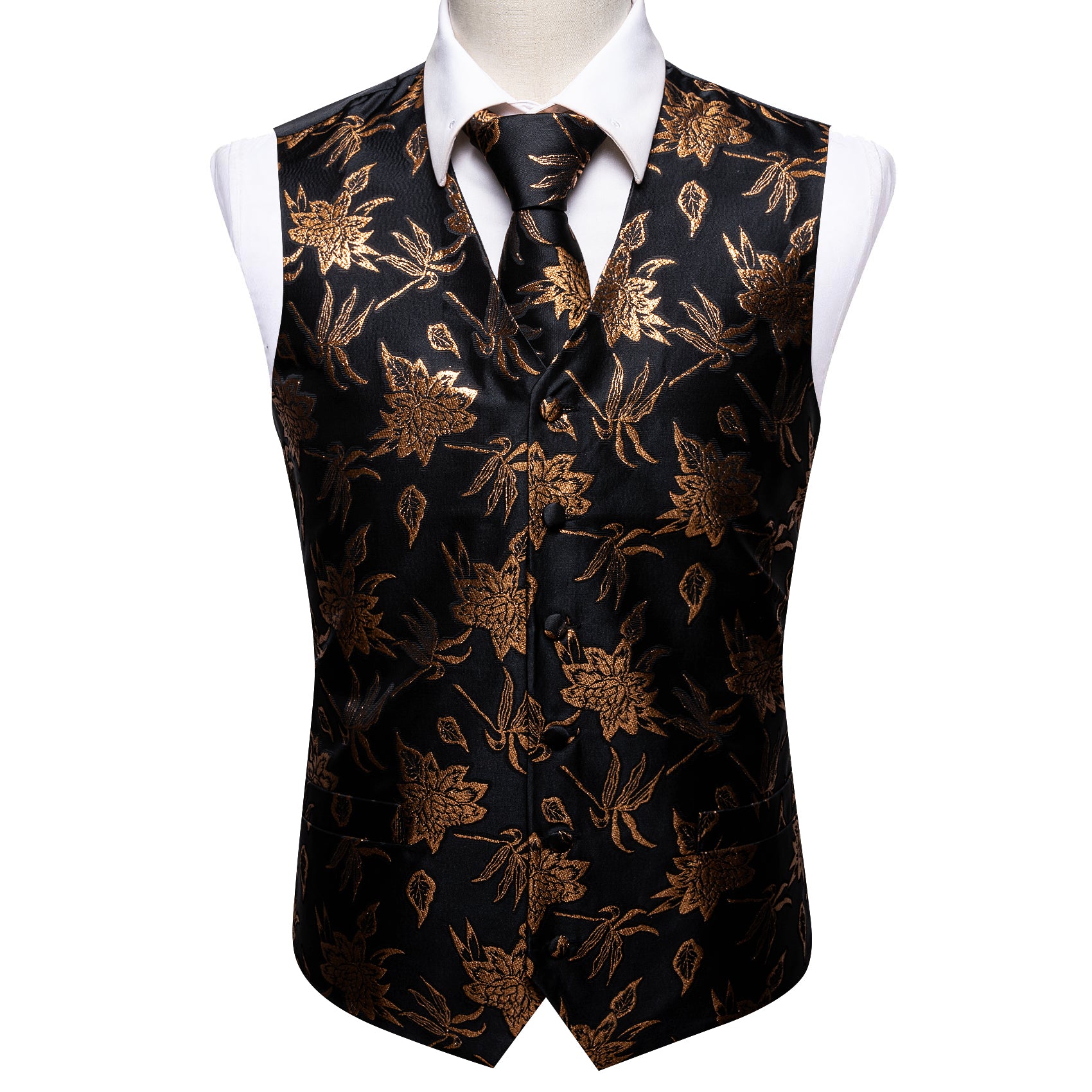 Barry.wang Men's Vest Black Gold Leaves Floral Silk Vest Tie Set