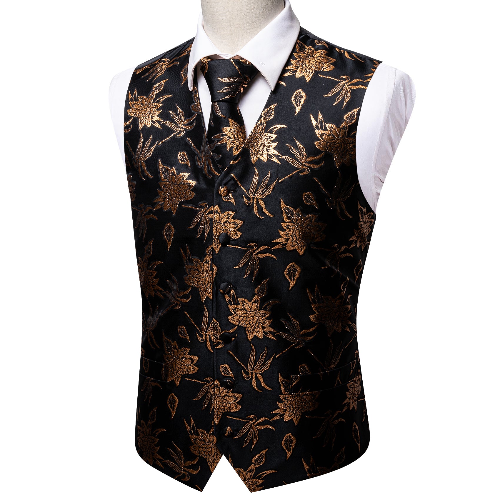 Mens Black Gold Leaves Paisley Silk Vest Tie Set
