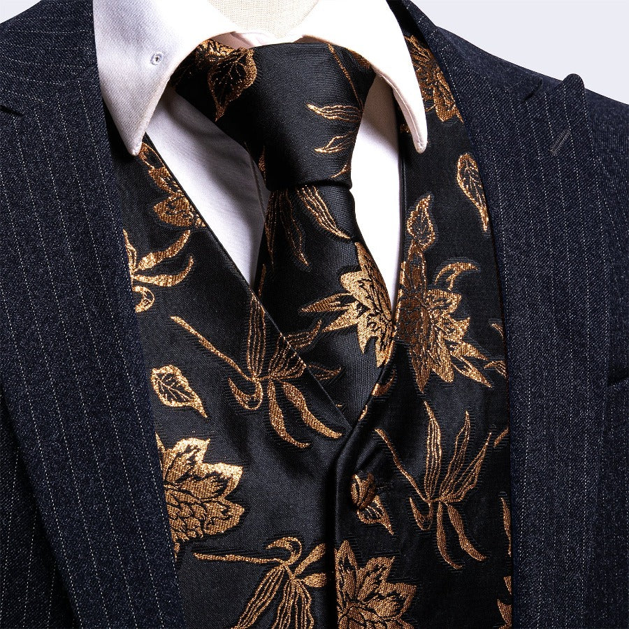 Barry.wang Men's Vest Black Gold Leaves Floral Silk Vest Tie Set