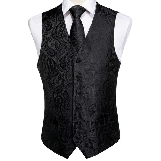 Barry. Wang Black Suit Vest Paisley Jacquard Dress Waistcoat Tie Pocket Square Cufflinks Set