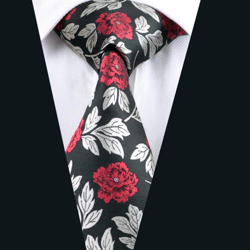 Silver Red Black Floral Men's Tie Pocket Square Cufflinks Set - barry-wang