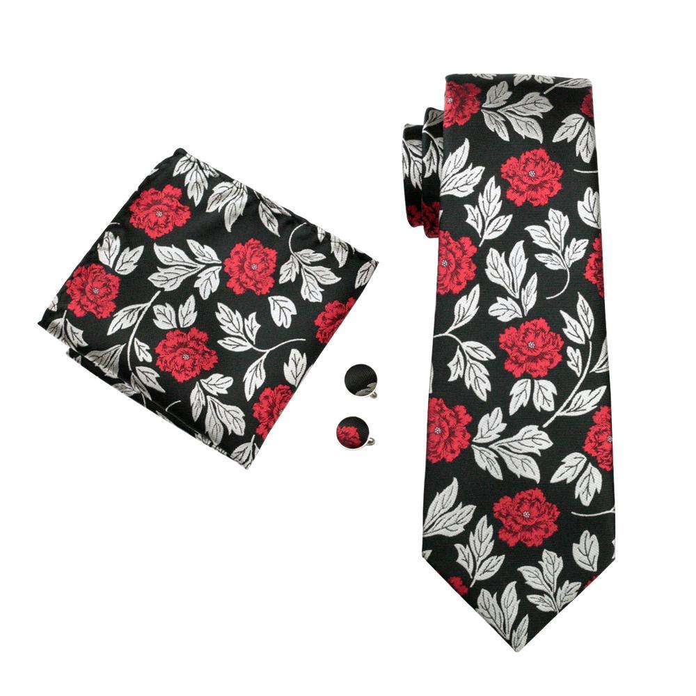 Silver Red Black Floral Men's Tie Pocket Square Cufflinks Set - barry-wang