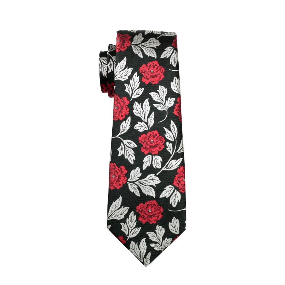 Silver Red Black Floral Men's Tie Pocket Square Cufflinks Set - barry-wang