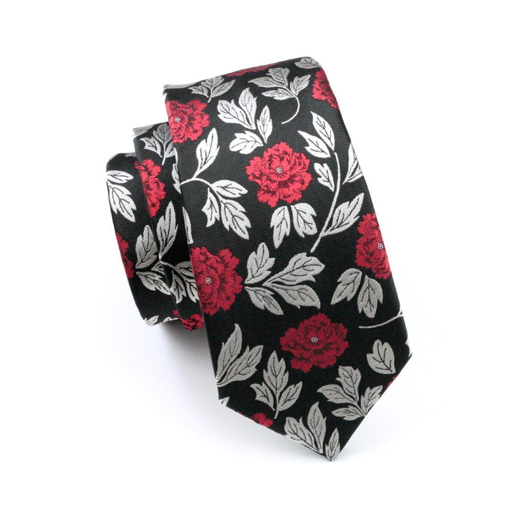 Silver Red Black Floral Men's Tie Pocket Square Cufflinks Set - barry-wang