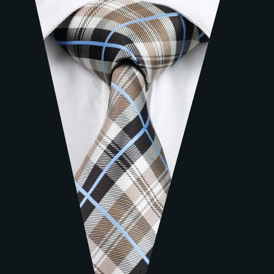 Brown Black White Plaid Silk Men's Tie Pocket Square Cufflinks Set - barry-wang