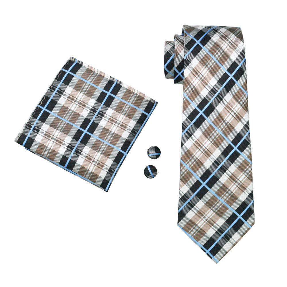 Brown Black White Plaid Silk Men's Tie Pocket Square Cufflinks Set - barry-wang